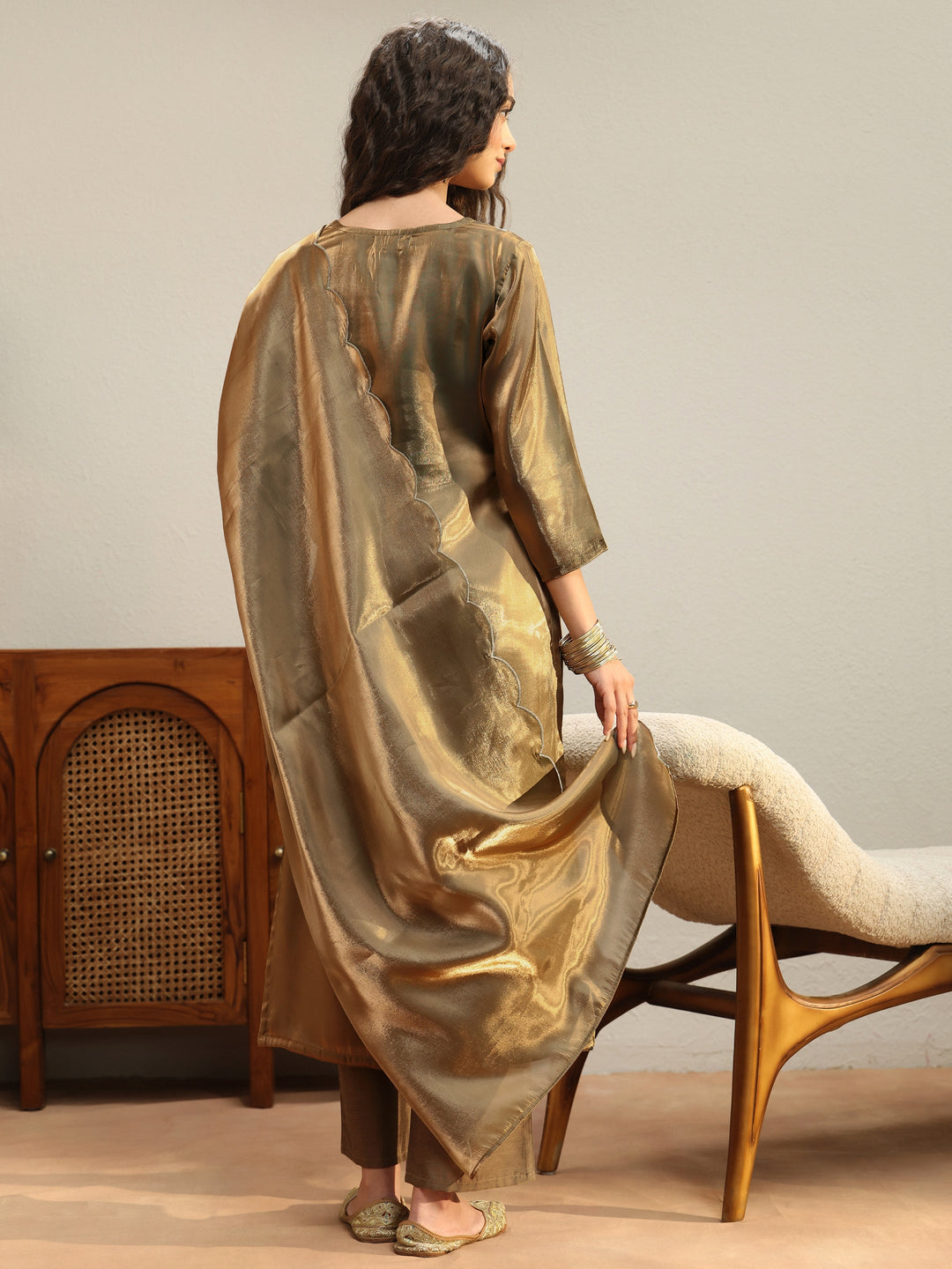  Olive Green Yoke Design Tissue Straight Suit Set 