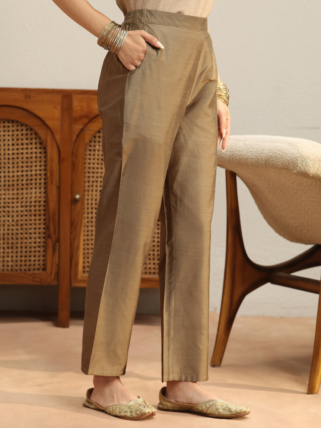 Olive Green Yoke Design Tissue Straight Suit Set 