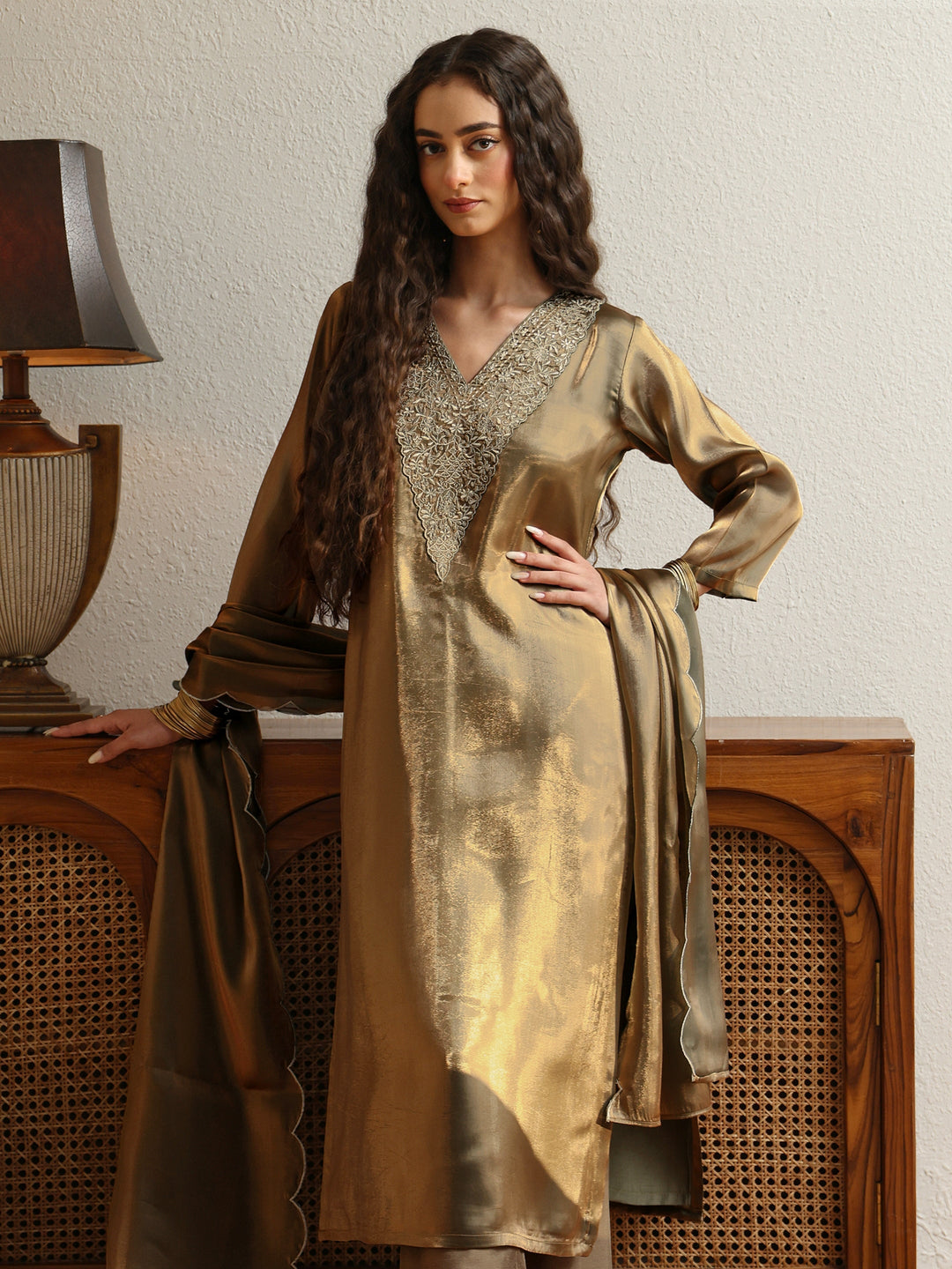  Olive Green Yoke Design Tissue Straight Suit Set 