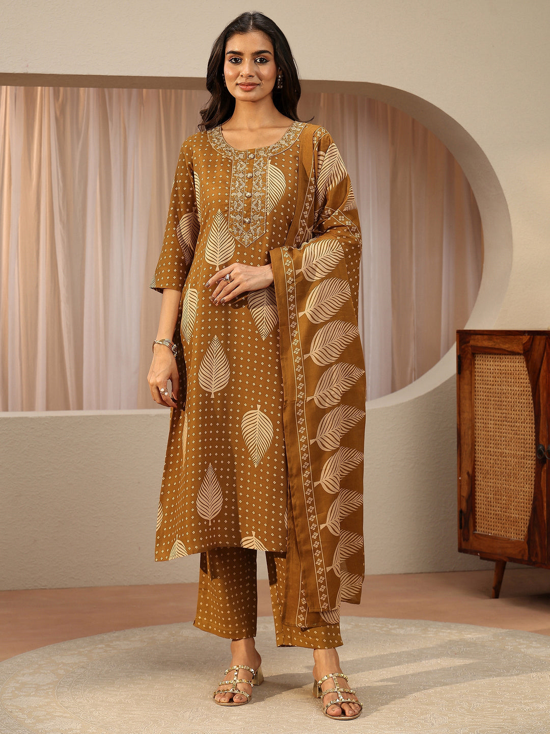  Mustard Floral Printed Cotton Blend Straight Suit Set 