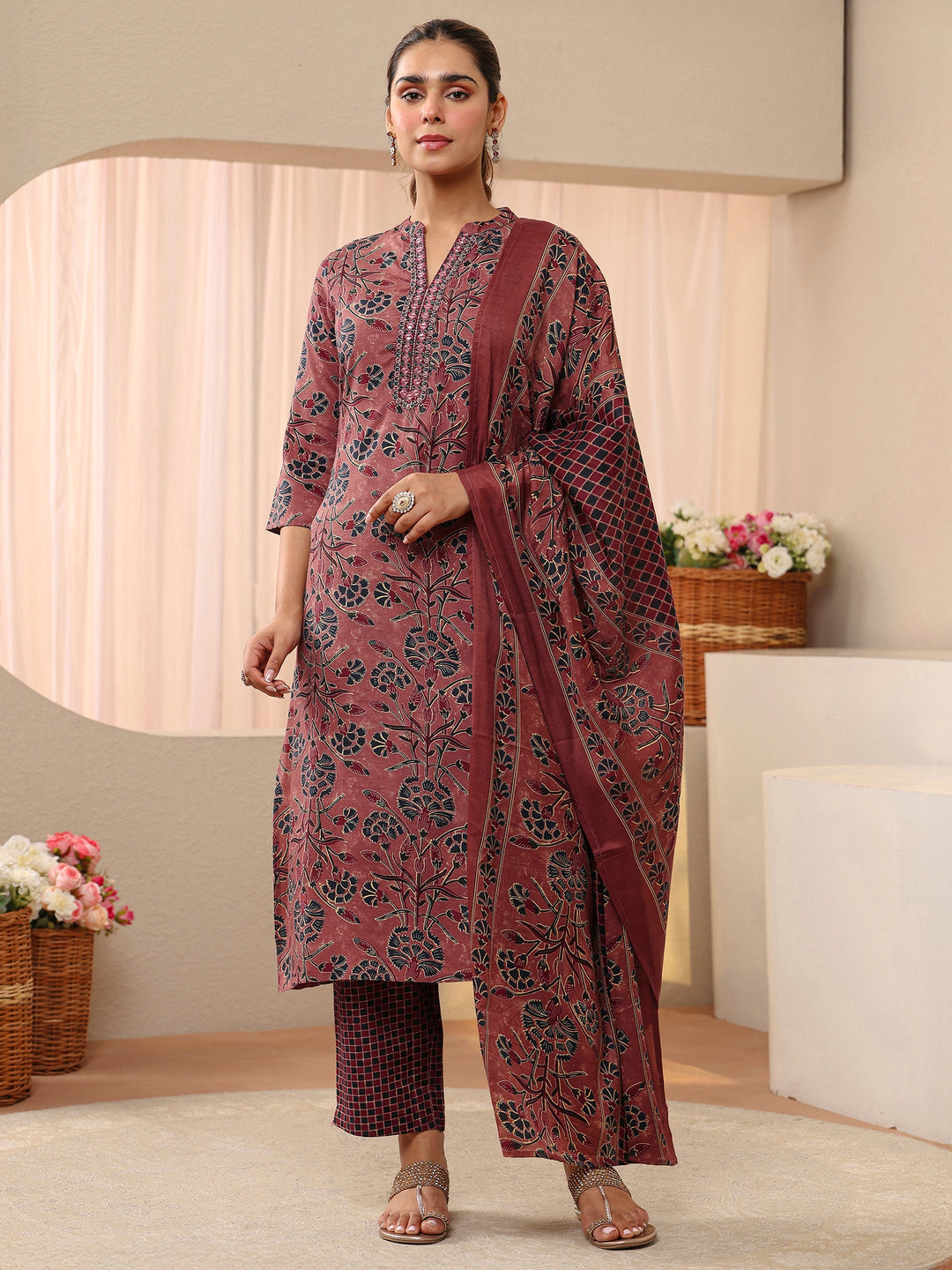  Peach Floral Printed Cotton Blend Straight Suit Set 