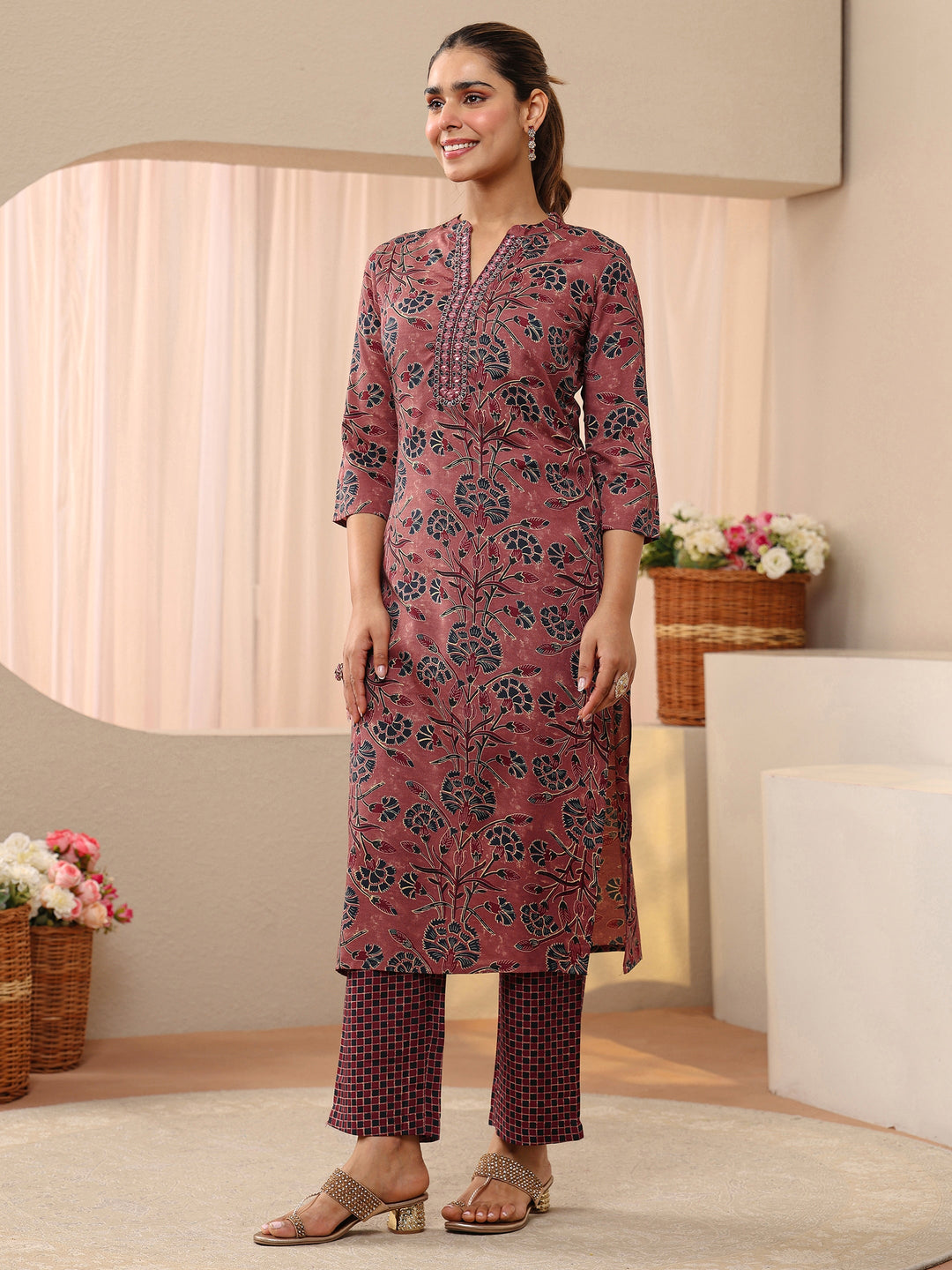  Peach Floral Printed Cotton Blend Straight Suit Set 