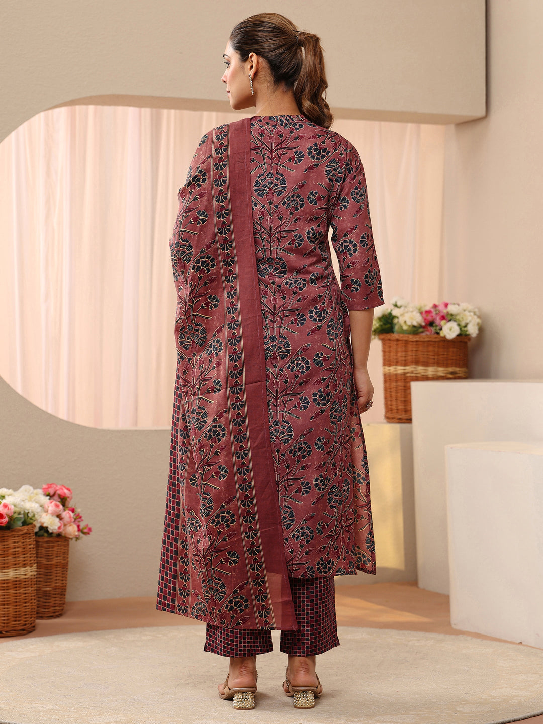 Peach Floral Printed Cotton Blend Straight Suit Set 