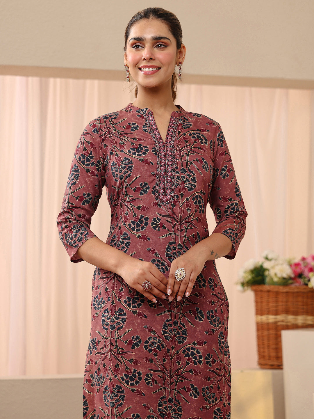 Peach Floral Printed Cotton Blend Straight Suit Set 