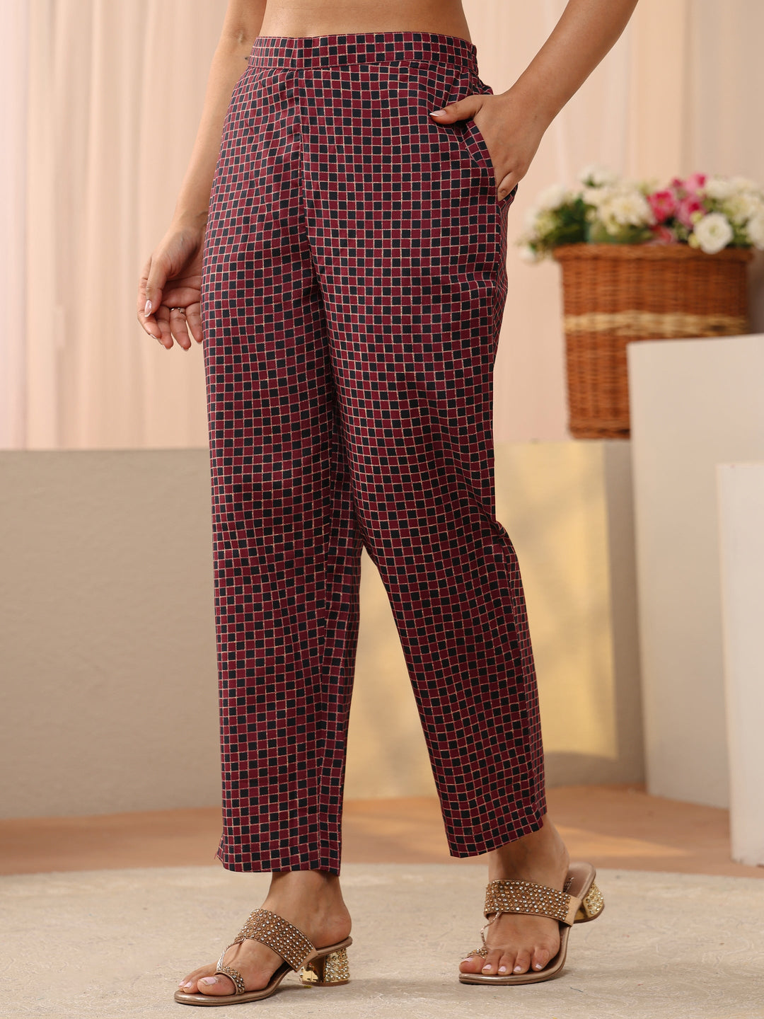  Peach Floral Printed Cotton Blend Straight Suit Set 