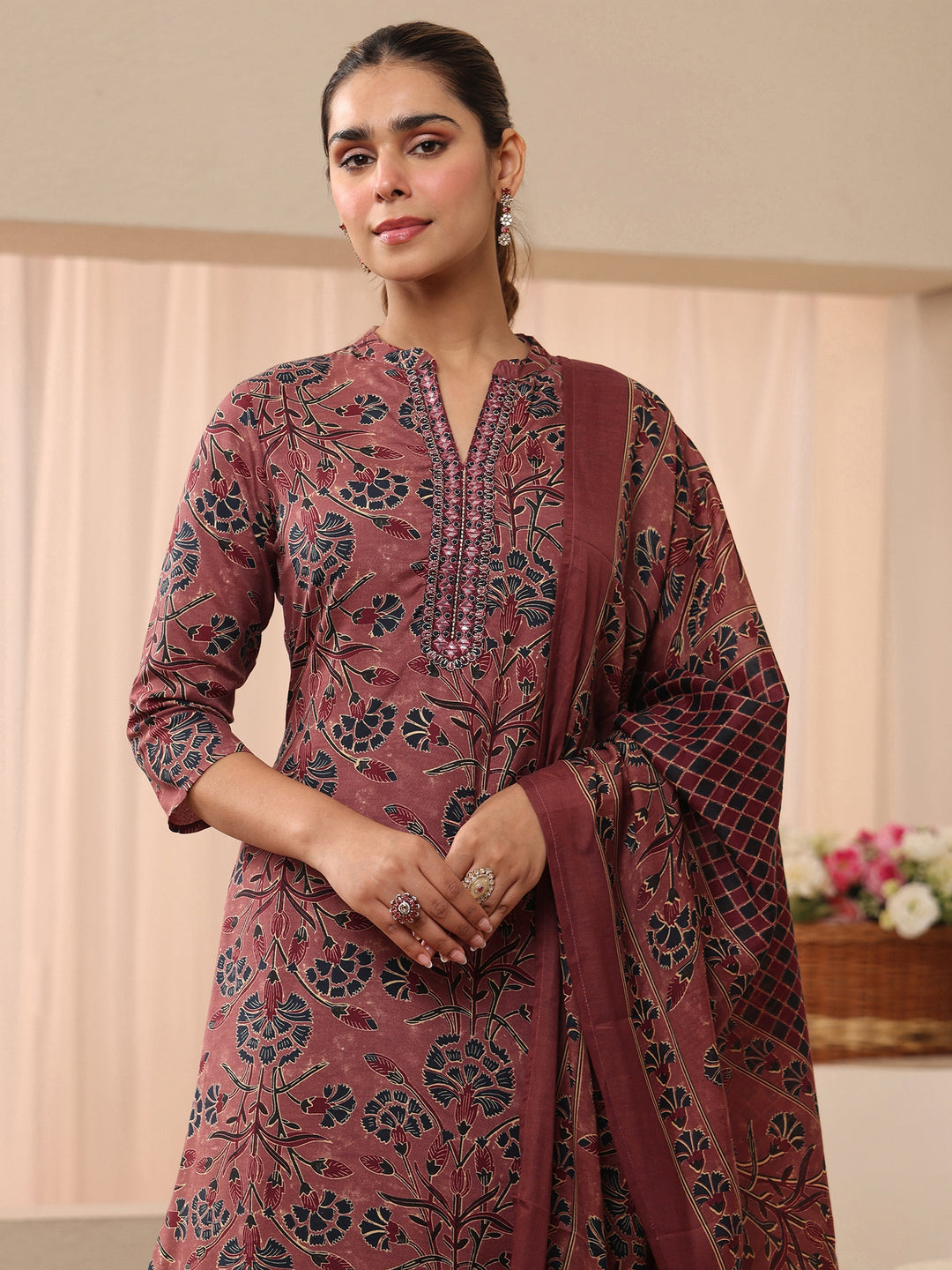  Peach Floral Printed Cotton Blend Straight Suit Set 