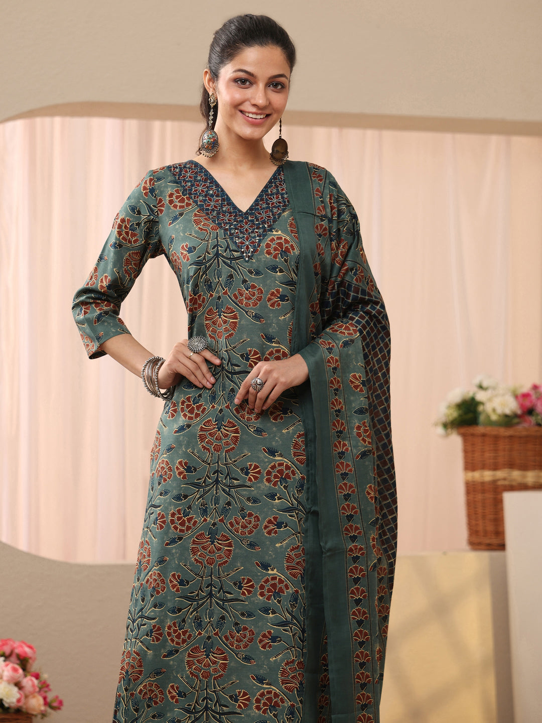  Green Floral Printed Cotton Blend Straight Suit Set 