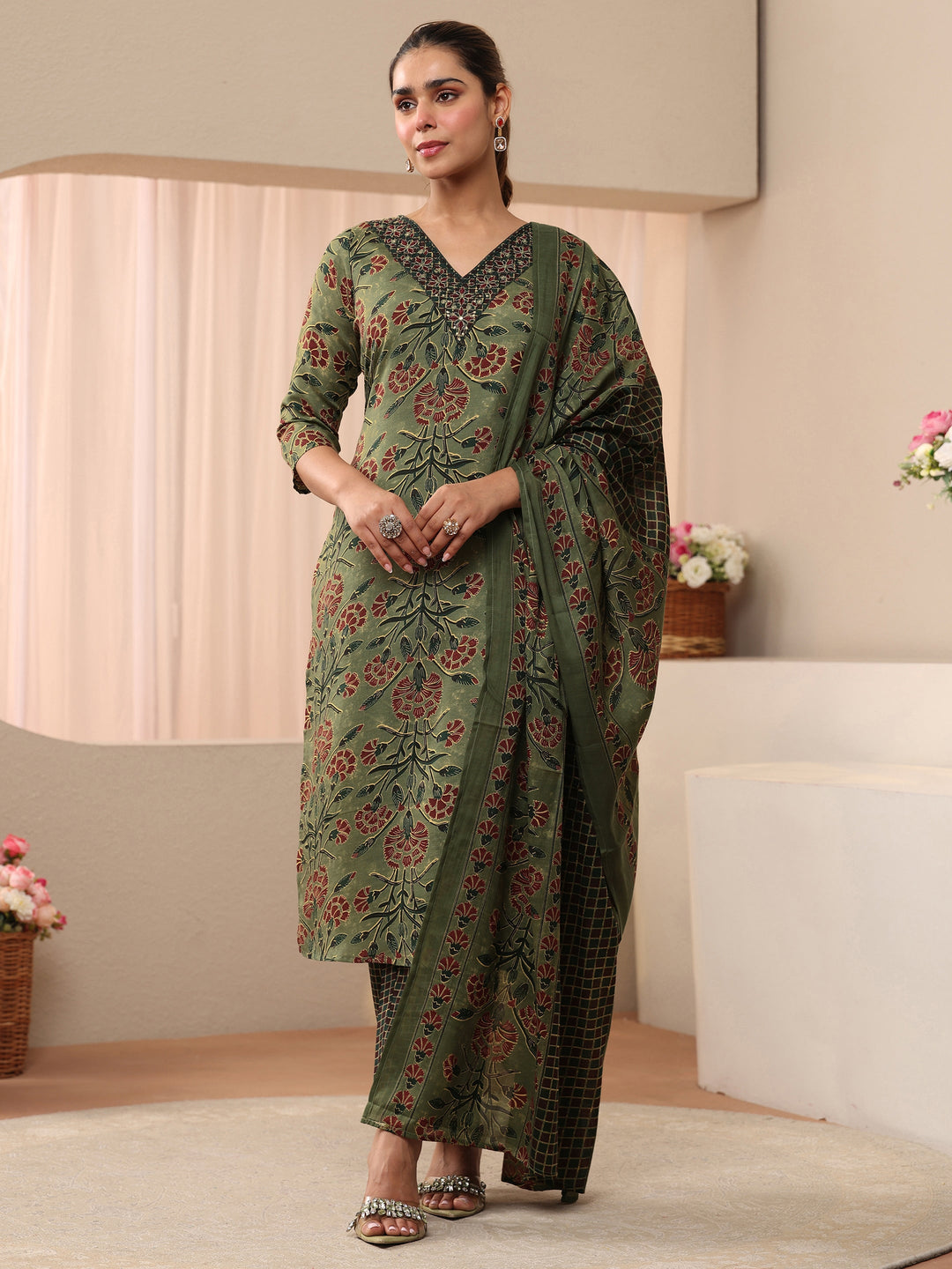  Green Floral Printed Cotton Blend Straight Suit Set 