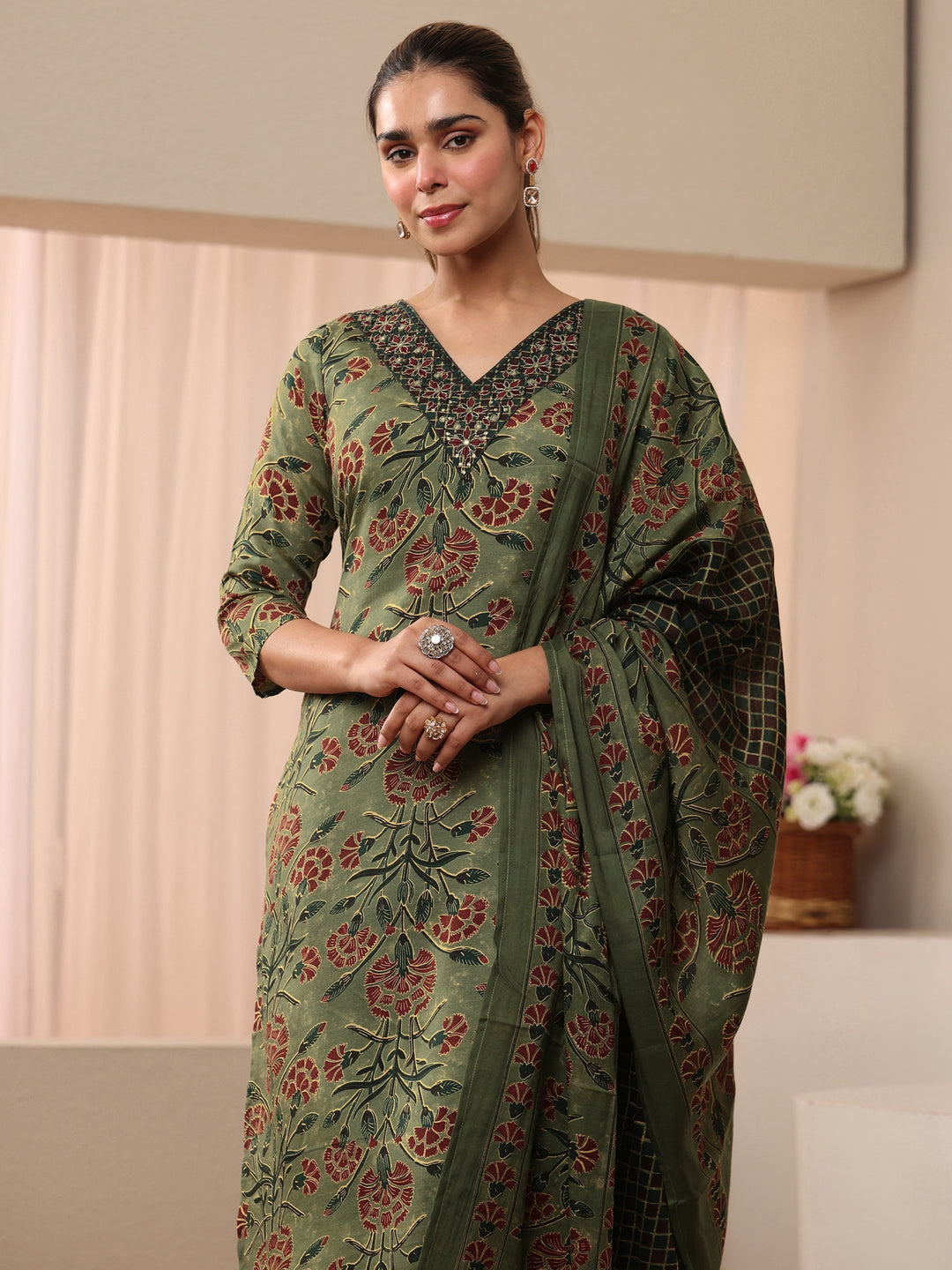  Green Floral Printed Cotton Blend Straight Suit Set 