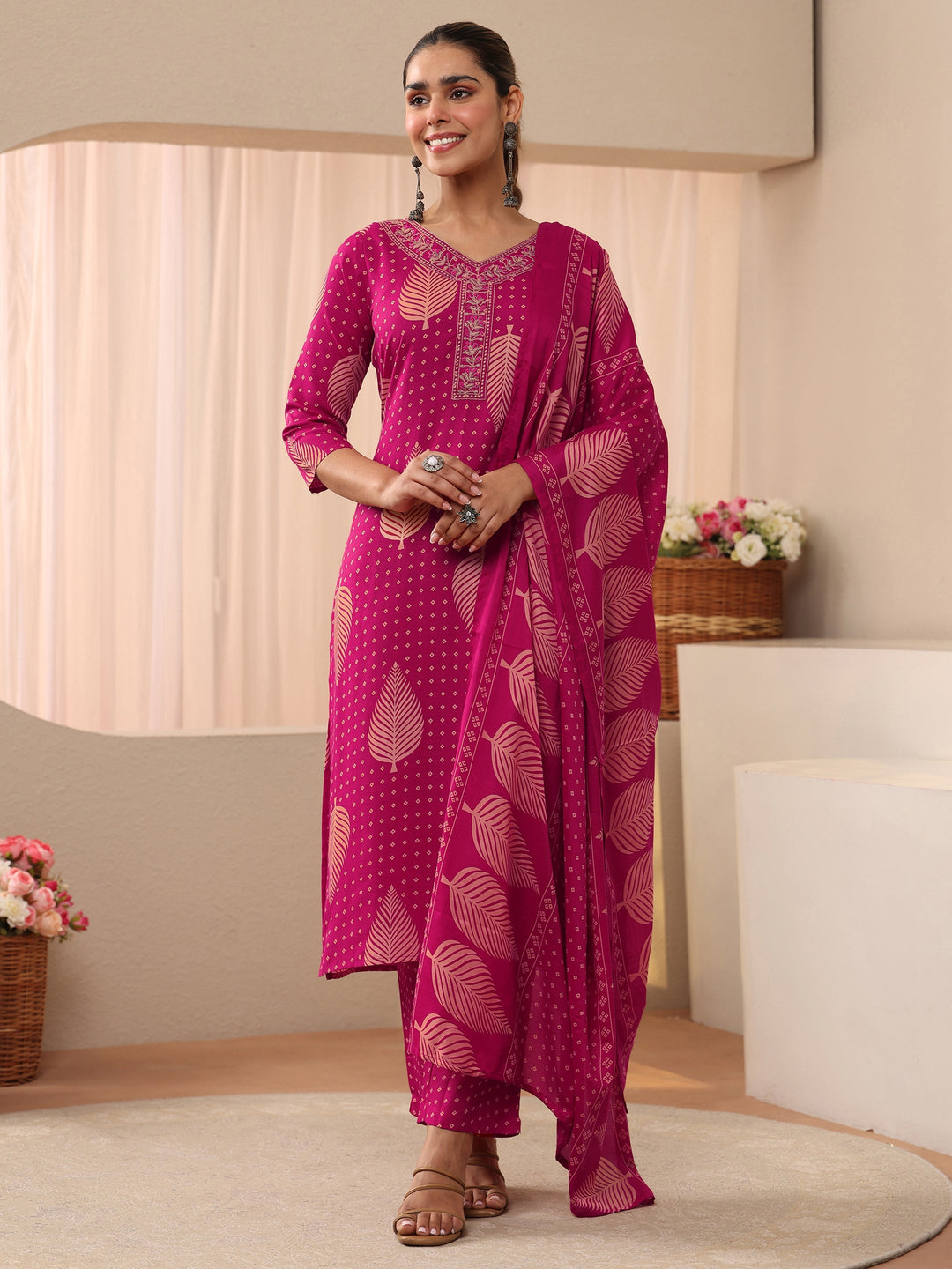  Pink Floral Printed Cotton Blend Straight Suit Set 