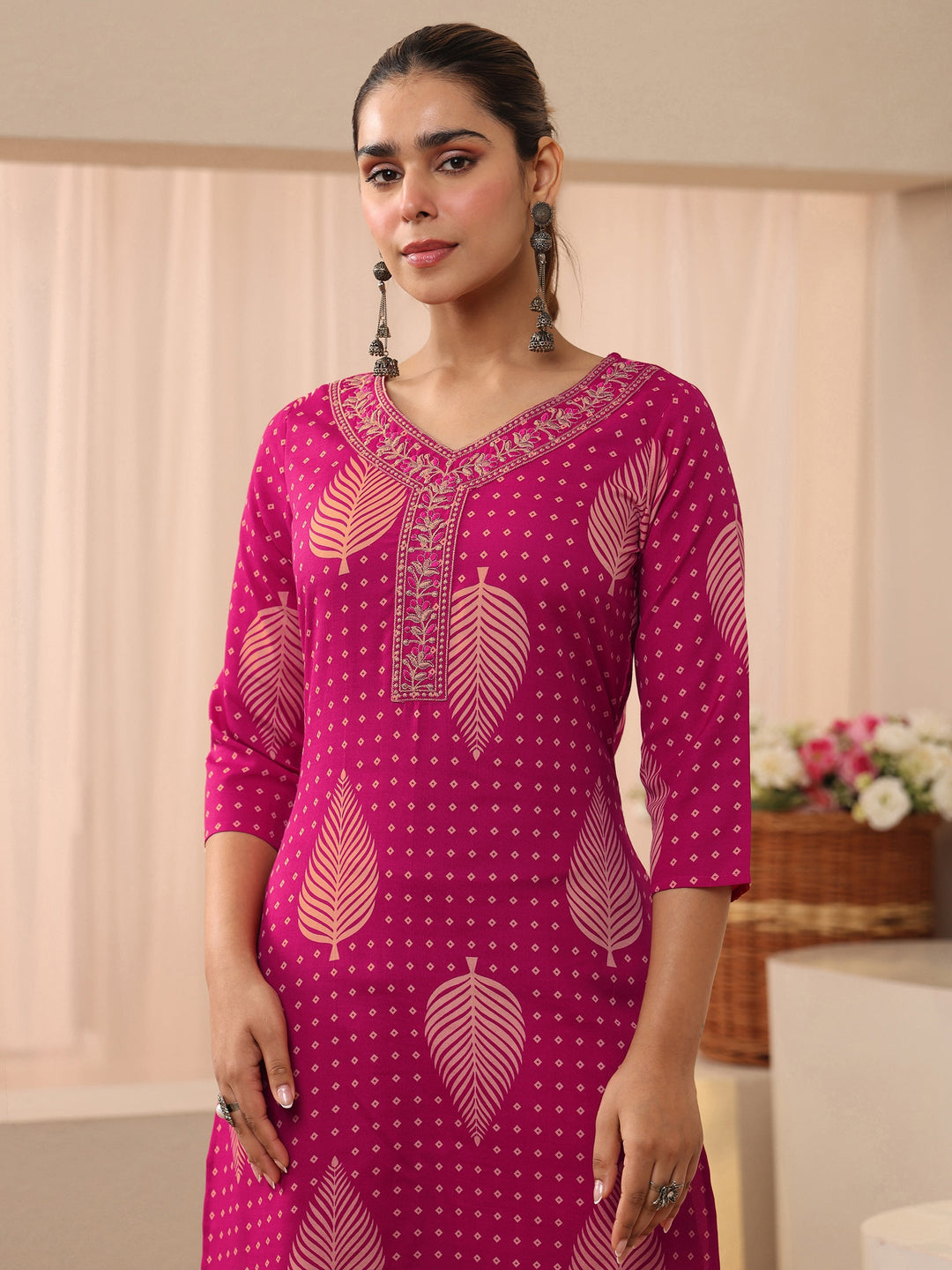  Pink Floral Printed Cotton Blend Straight Suit Set 