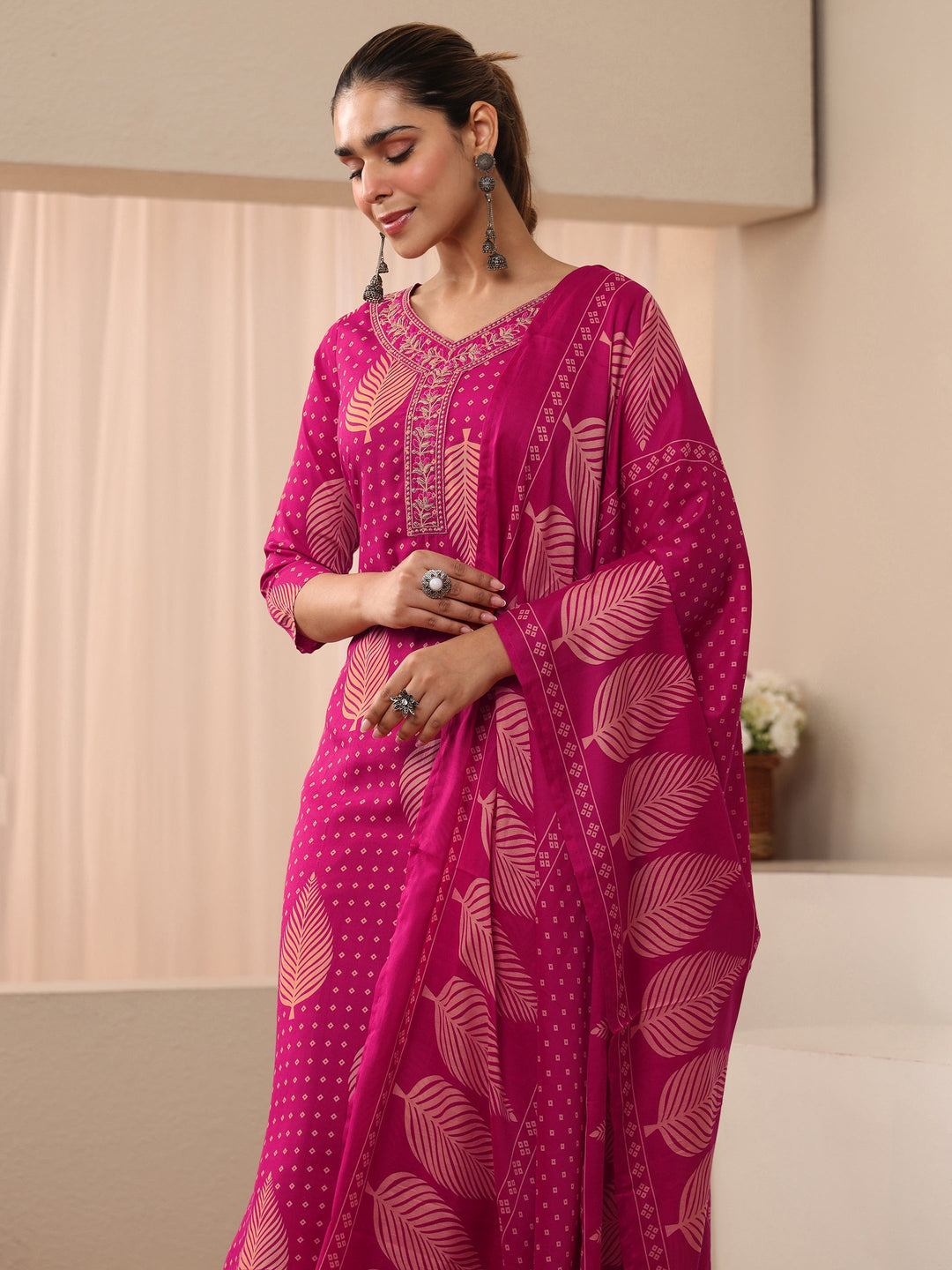  Pink Floral Printed Cotton Blend Straight Suit Set 