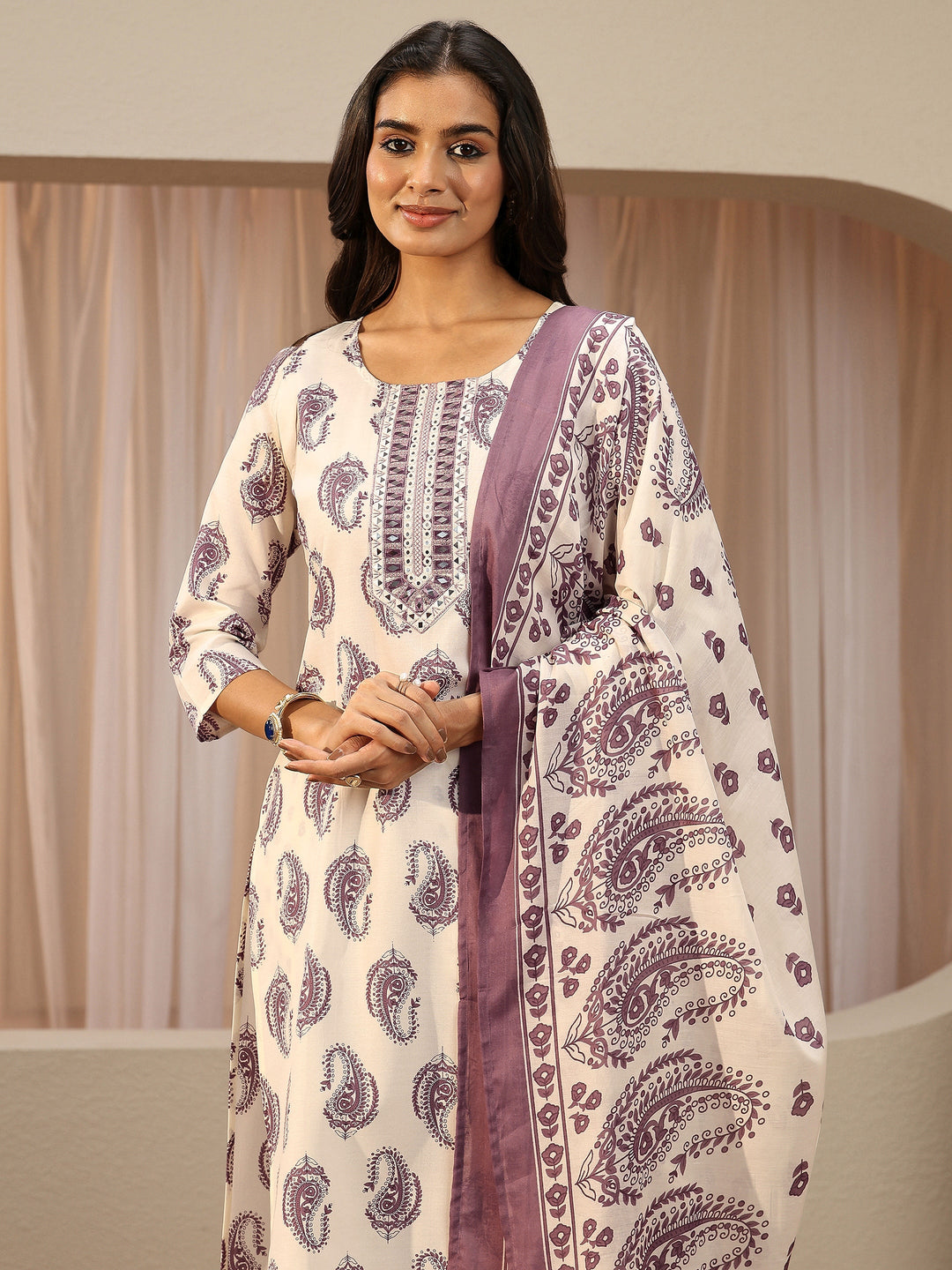  Off White Paisley Printed Cotton Blend Straight Suit Set 