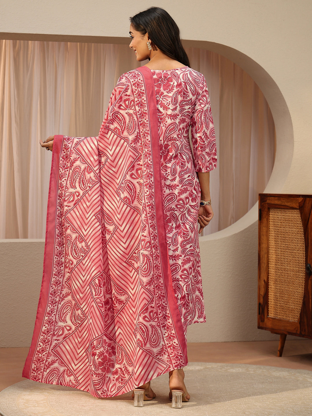  Red Paisley Printed Cotton Straight Suit Set 