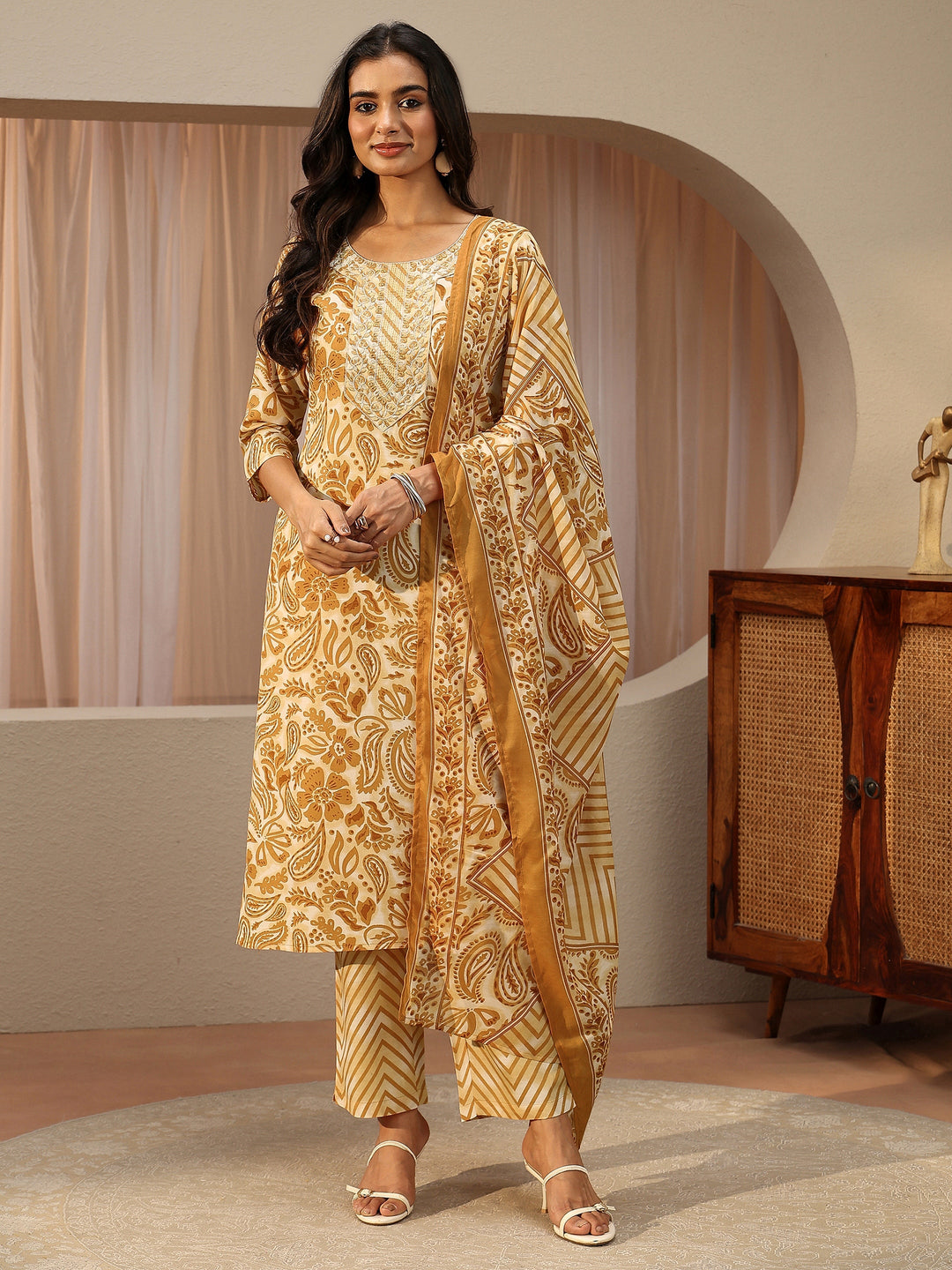  Mustard Paisley Printed Cotton Straight Suit Set 