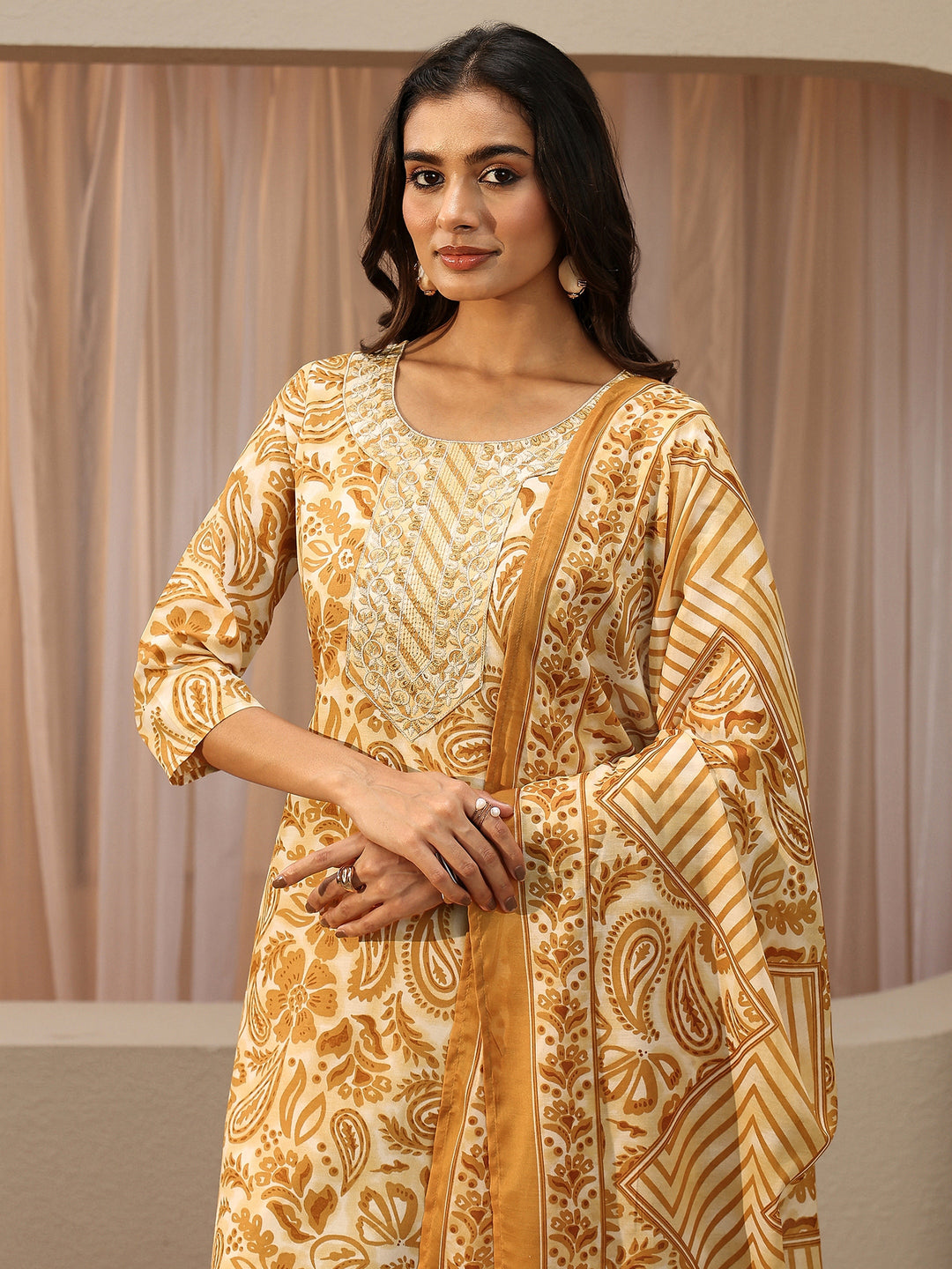  Mustard Paisley Printed Cotton Straight Suit Set 