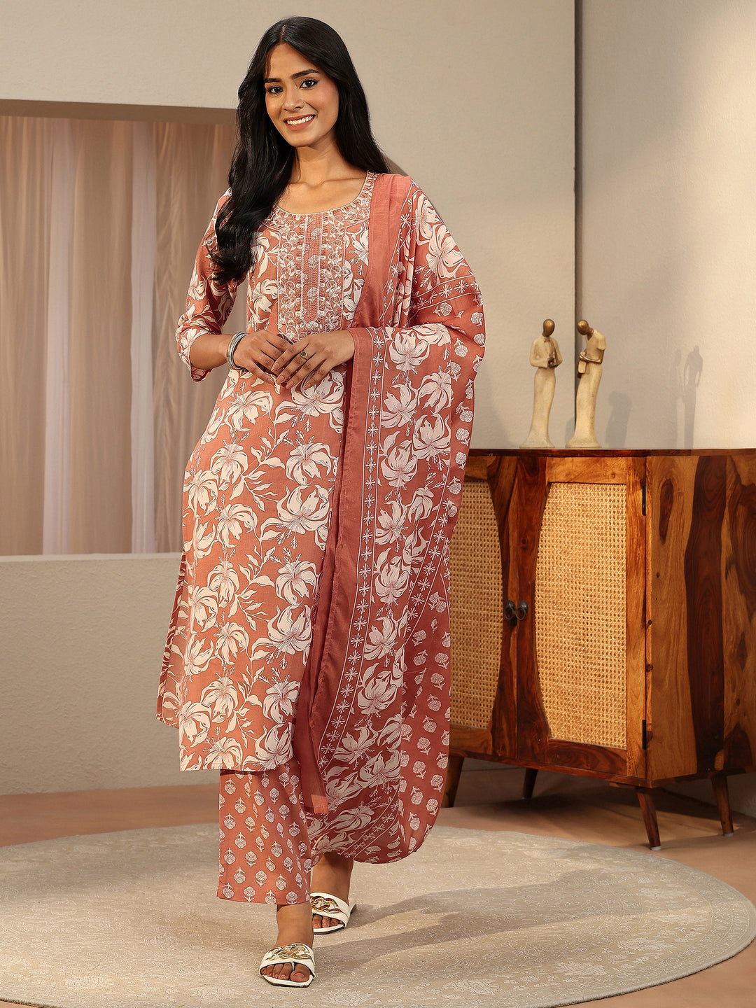  Rust Red Floral Printed Cotton Straight Suit Set 