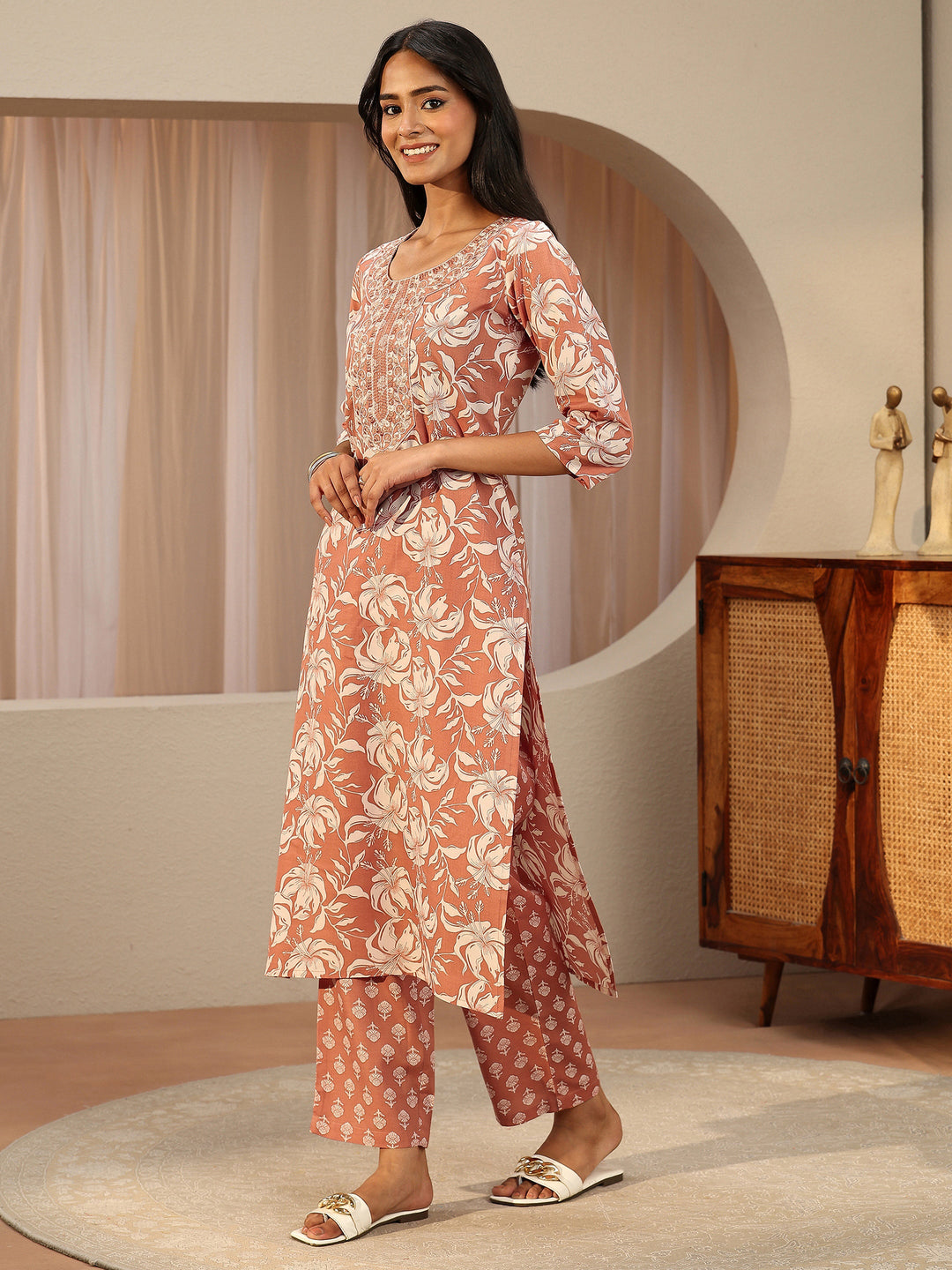 Rust Red Floral Printed Cotton Straight Suit Set 