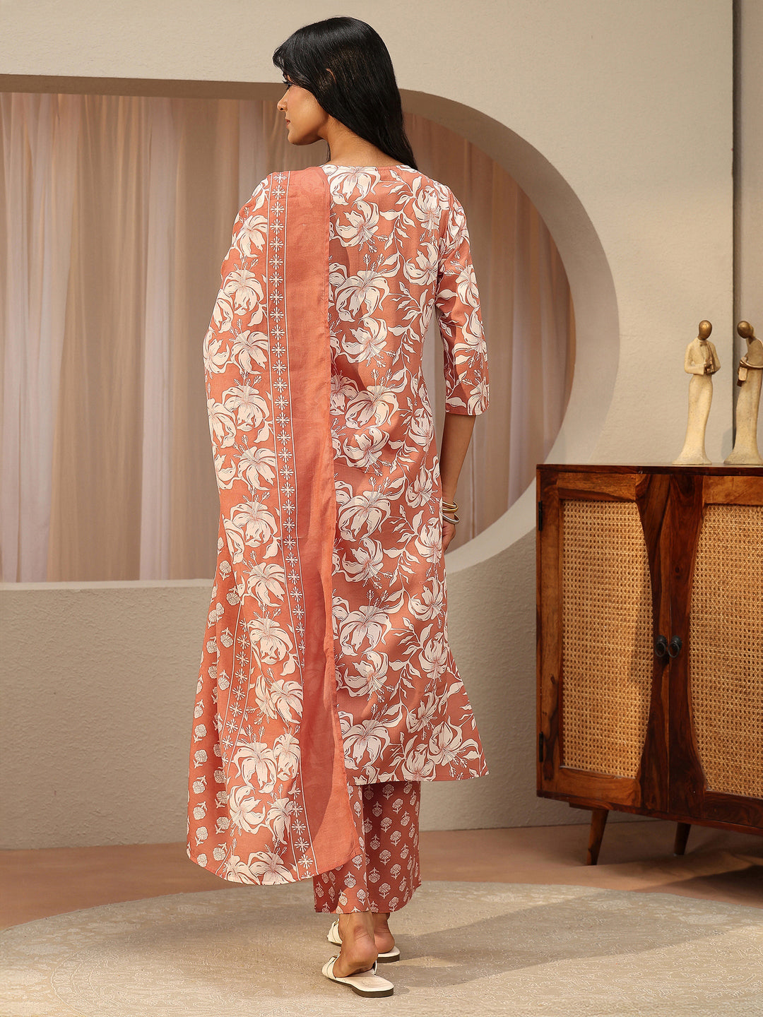  Rust Red Floral Printed Cotton Straight Suit Set 
