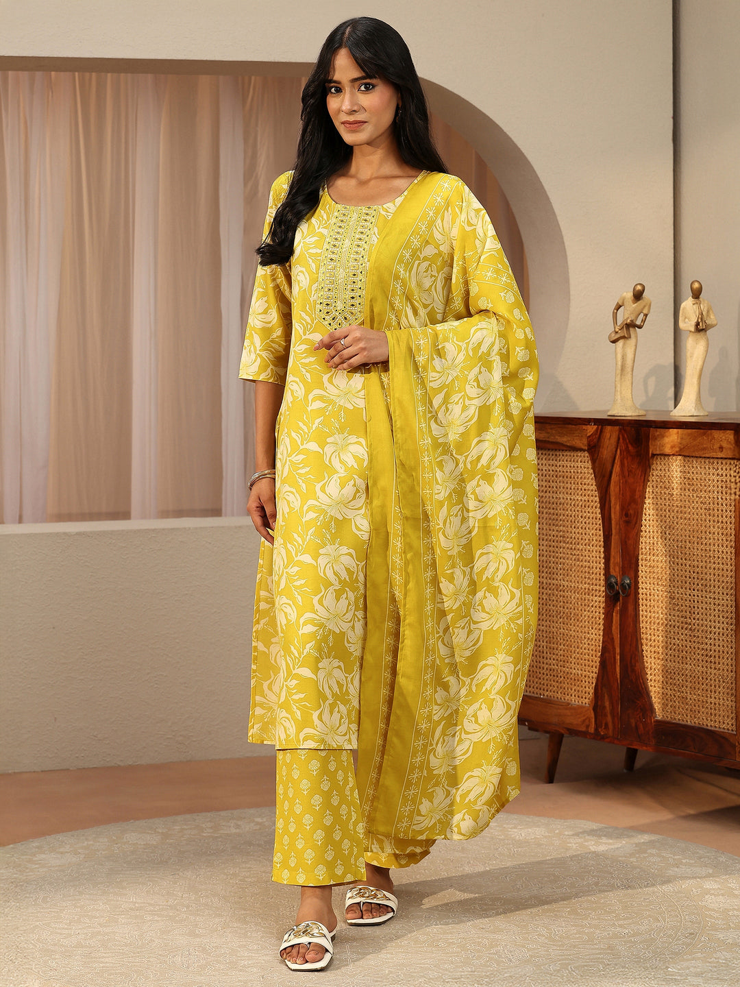  Lime Yellow Floral Printed Cotton Straight Suit Set 