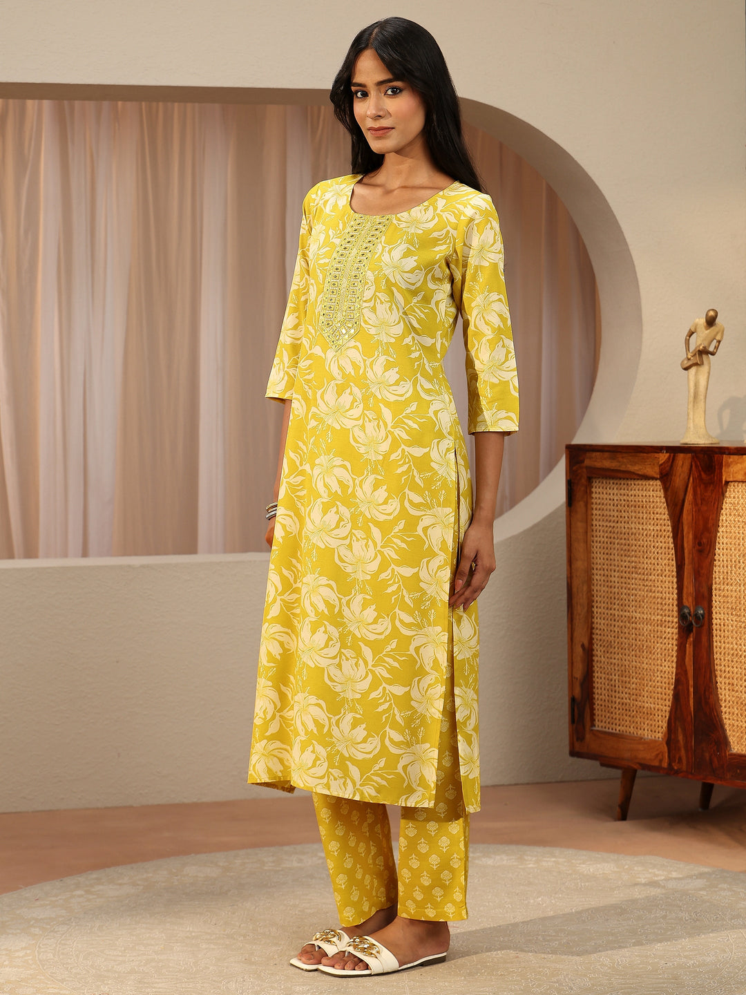  Lime Yellow Floral Printed Cotton Straight Suit Set 