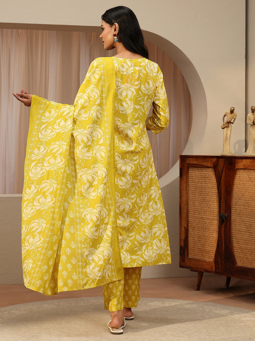 Lime Yellow Floral Printed Cotton Straight Suit Set 