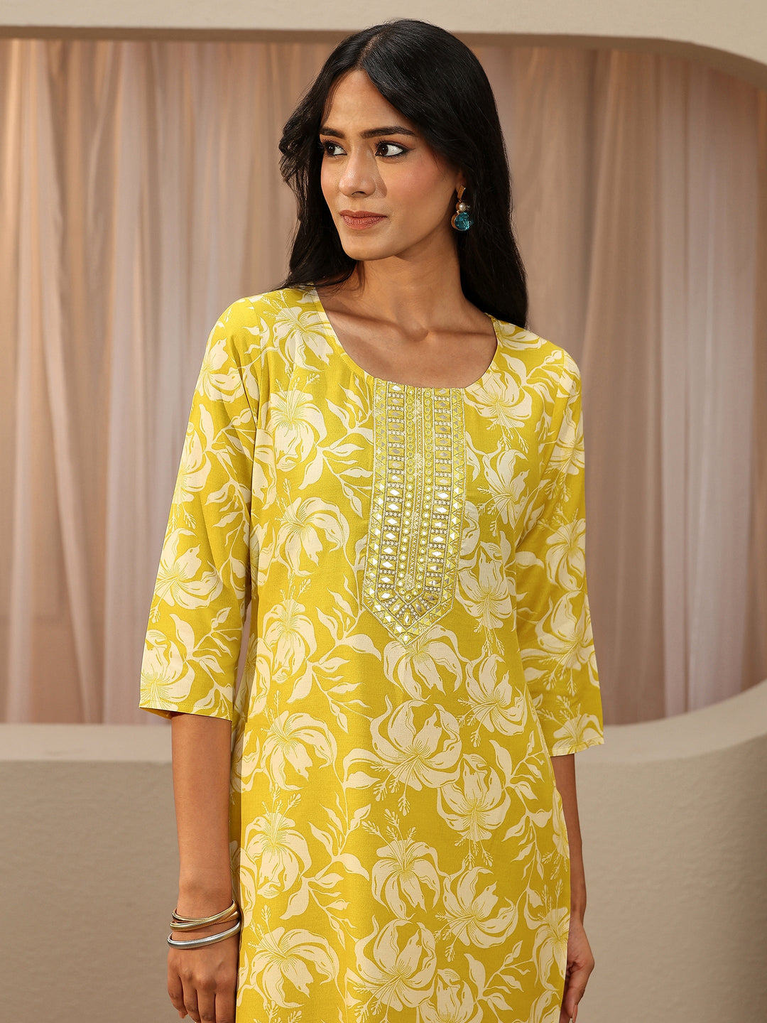  Lime Yellow Floral Printed Cotton Straight Suit Set 