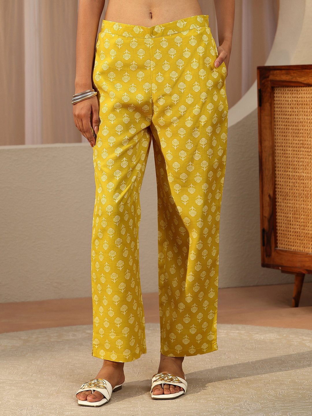  Lime Yellow Floral Printed Cotton Straight Suit Set 