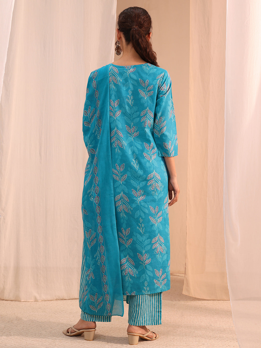  Blue Floral Printed Cotton Blend Straight Suit Set 