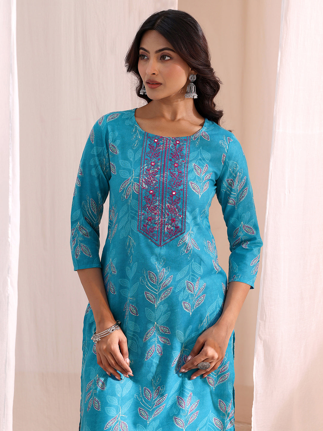  Blue Floral Printed Cotton Blend Straight Suit Set 