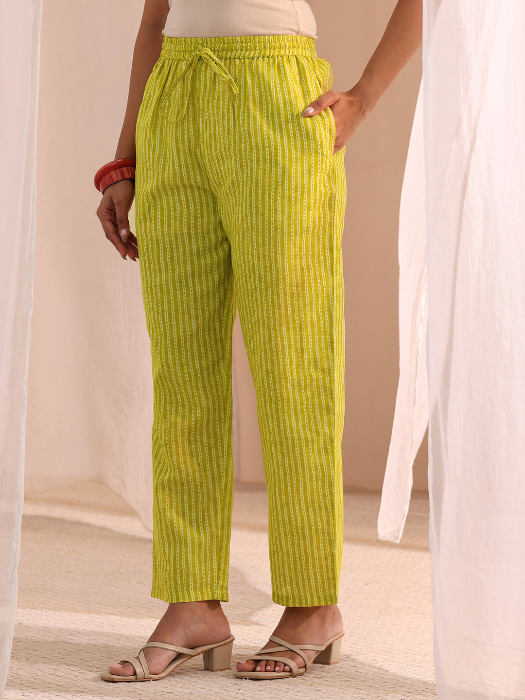  Lime Green Floral Printed Cotton Blend Straight Suit Set 
