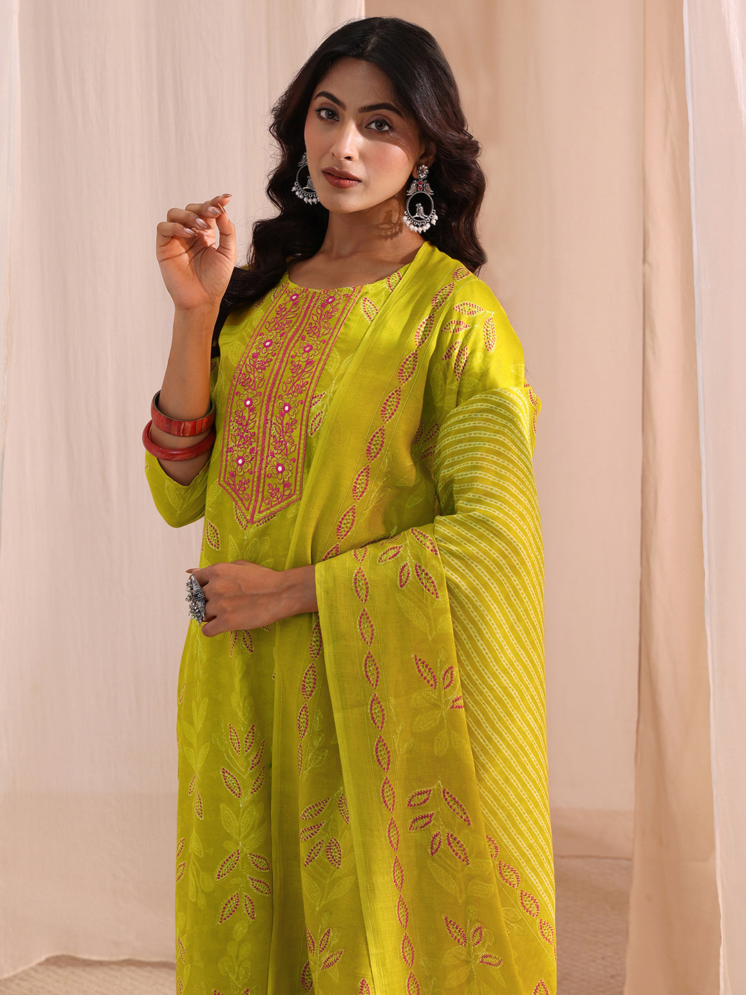  Lime Green Floral Printed Cotton Blend Straight Suit Set 
