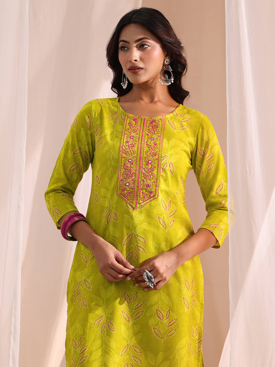  Lime Green Floral Printed Cotton Blend Straight Suit Set 