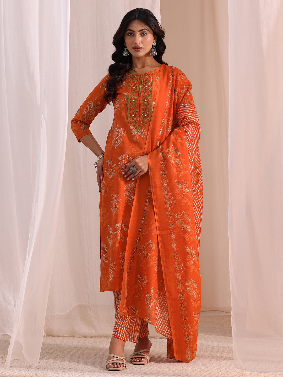  Orange Floral Printed Cotton Blend Straight Suit Set 