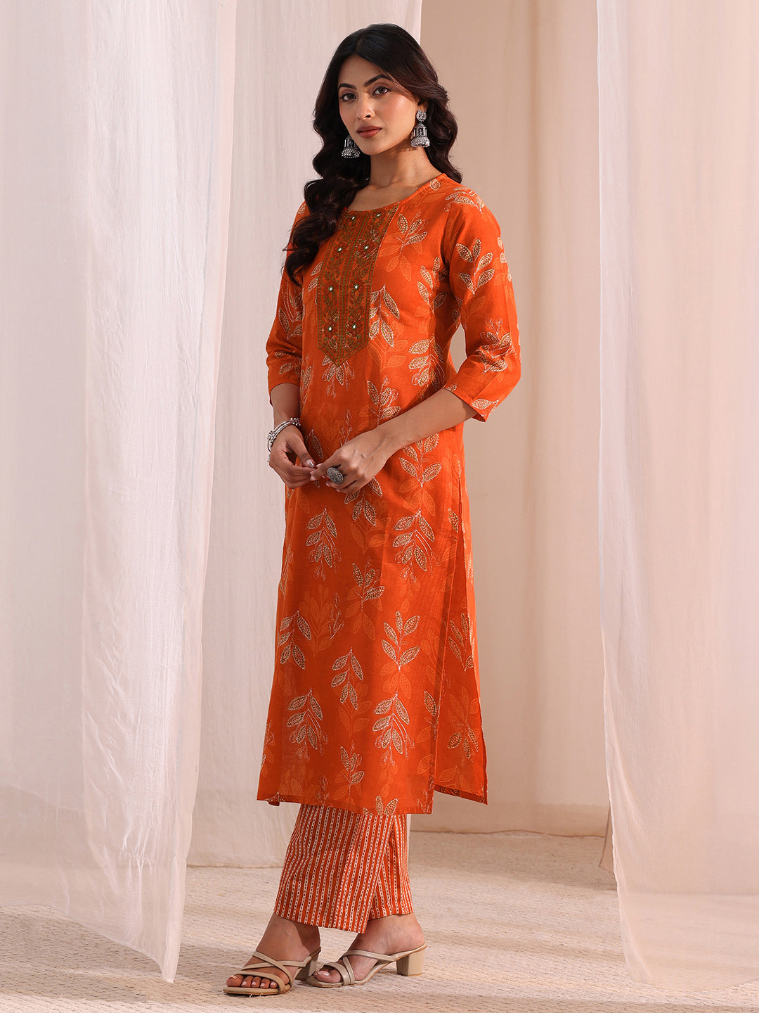  Orange Floral Printed Cotton Blend Straight Suit Set 