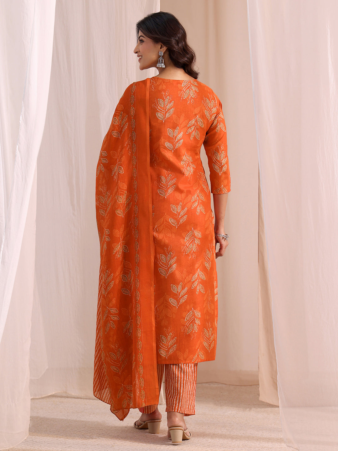  Orange Floral Printed Cotton Blend Straight Suit Set 