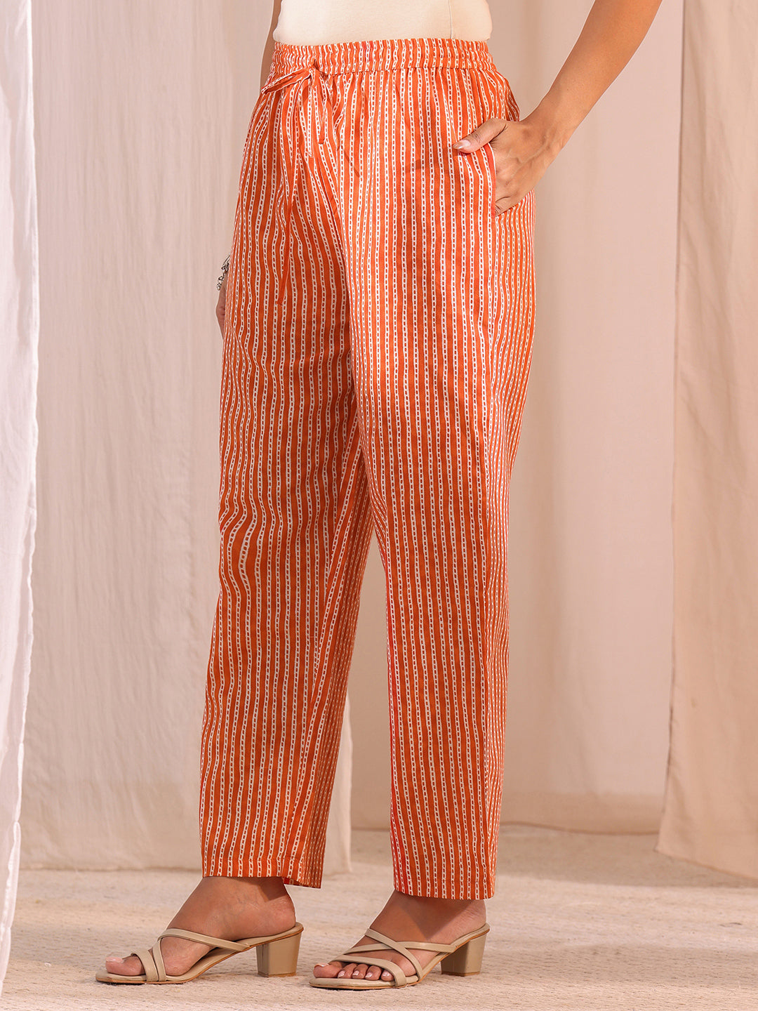  Orange Floral Printed Cotton Blend Straight Suit Set 