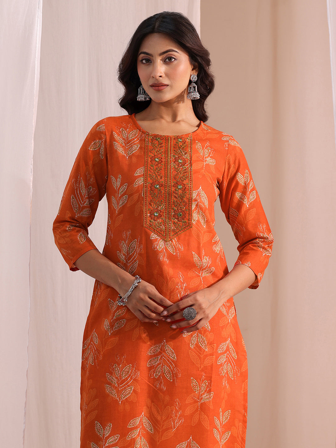  Orange Floral Printed Cotton Blend Straight Suit Set 