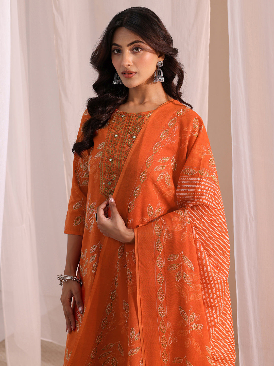 libas Orange Floral Printed Cotton Blend Straight Suit Set-picture-45