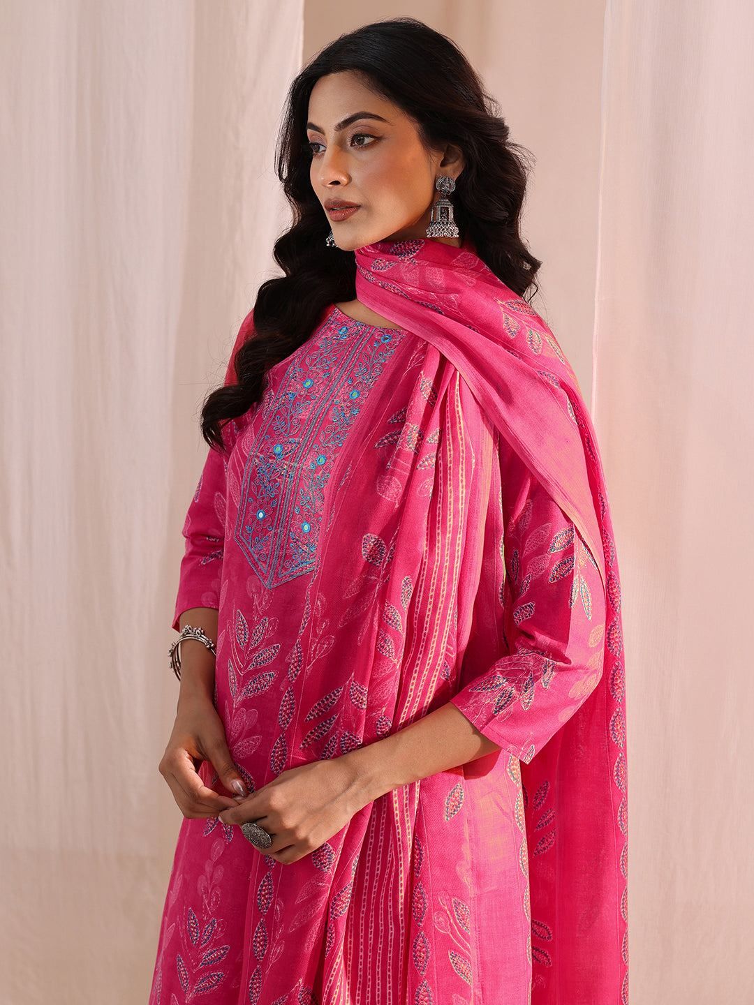  Pink Floral Printed Cotton Blend Straight Suit Set 