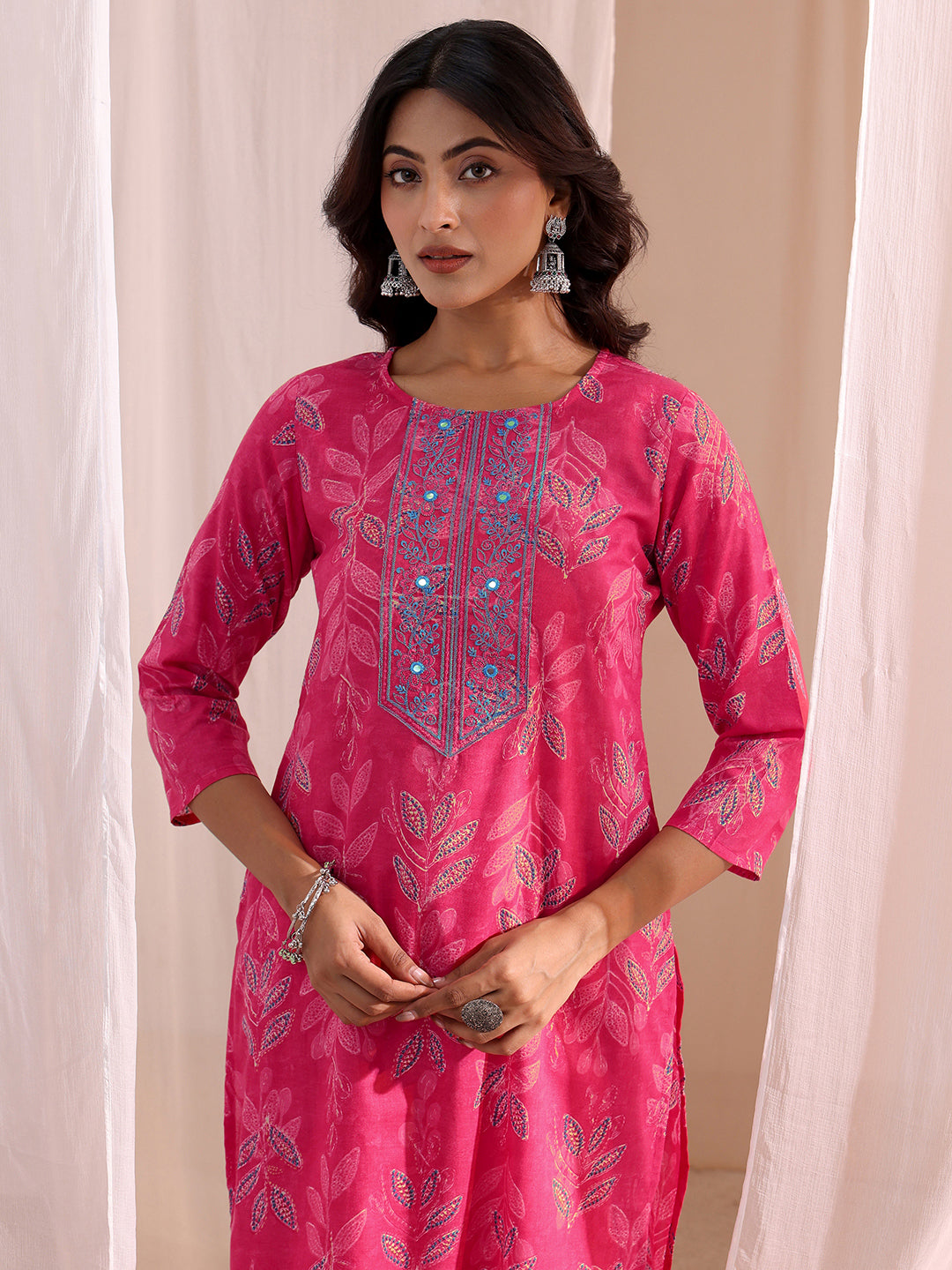  Pink Floral Printed Cotton Blend Straight Suit Set 