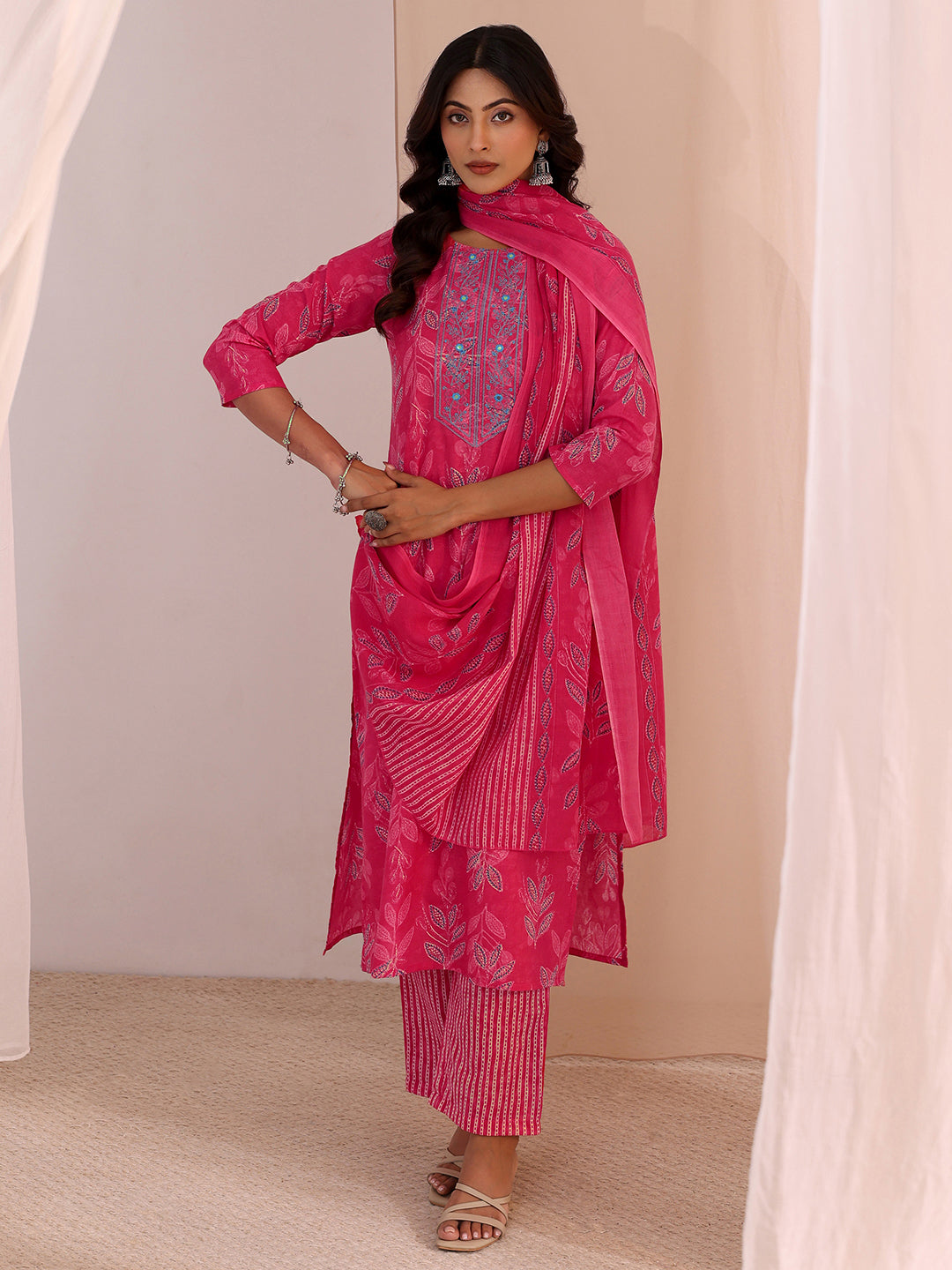 libas Pink Floral Printed Cotton Blend Straight Suit Set-picture-60
