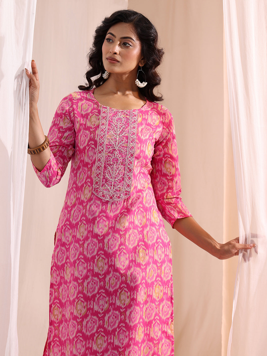  Pink Ethnic Printed Cotton Blend Straight Suit Set 