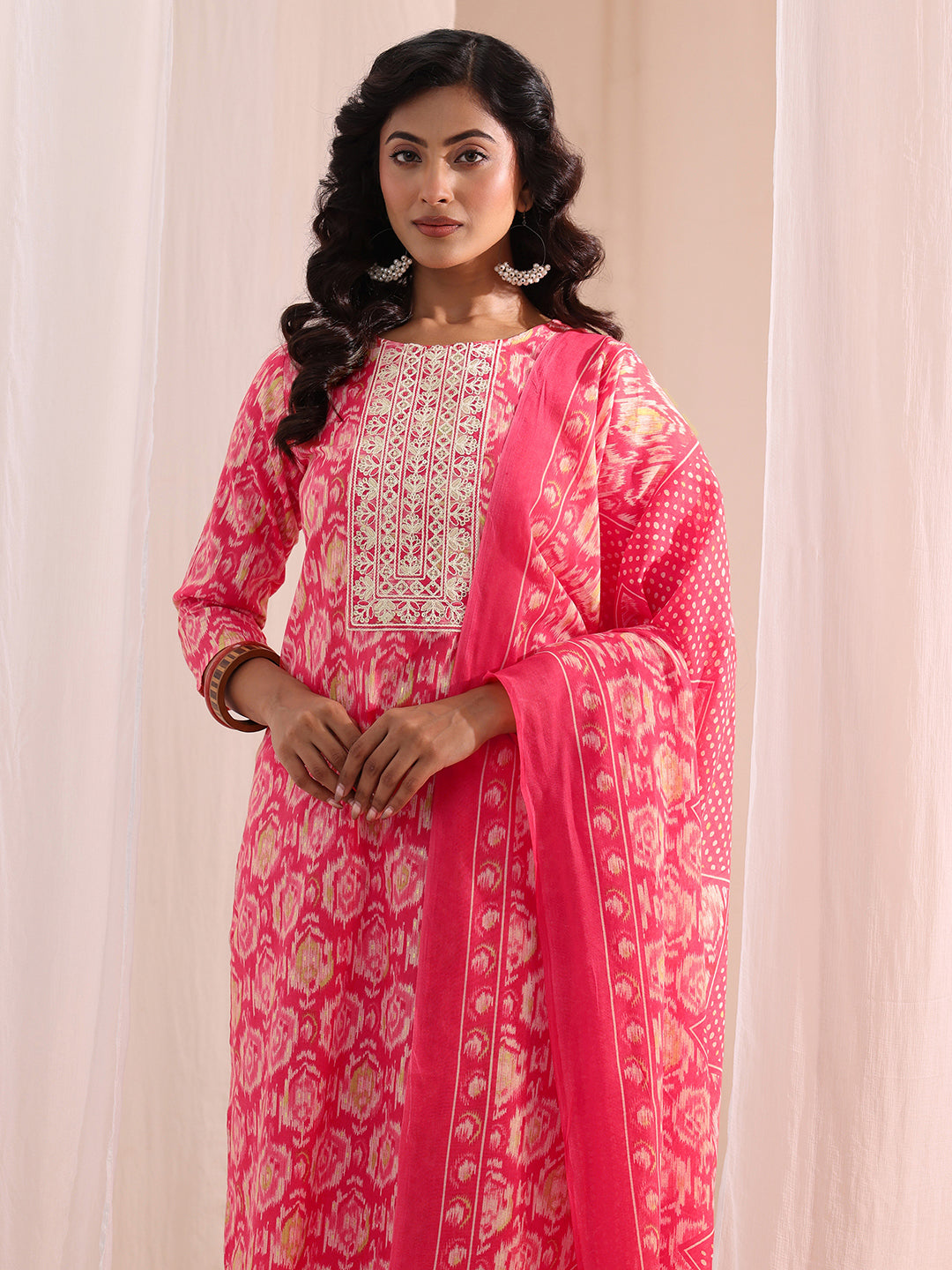  Coral Ethnic Printed Cotton Blend Straight Suit Set 