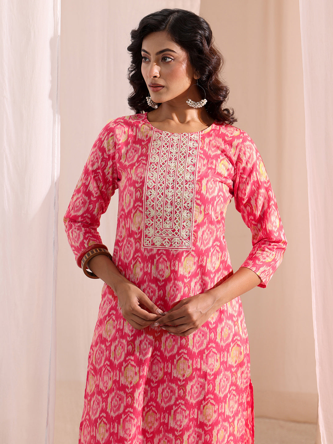 Coral Ethnic Printed Cotton Blend Straight Suit Set 