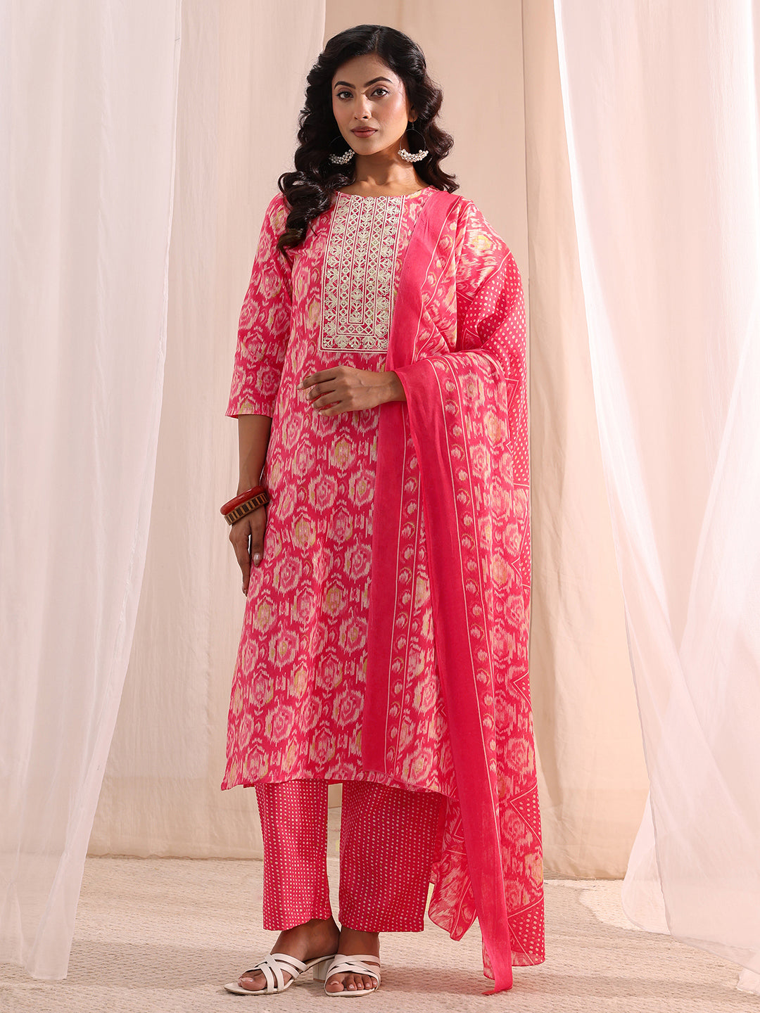  Coral Ethnic Printed Cotton Blend Straight Suit Set 