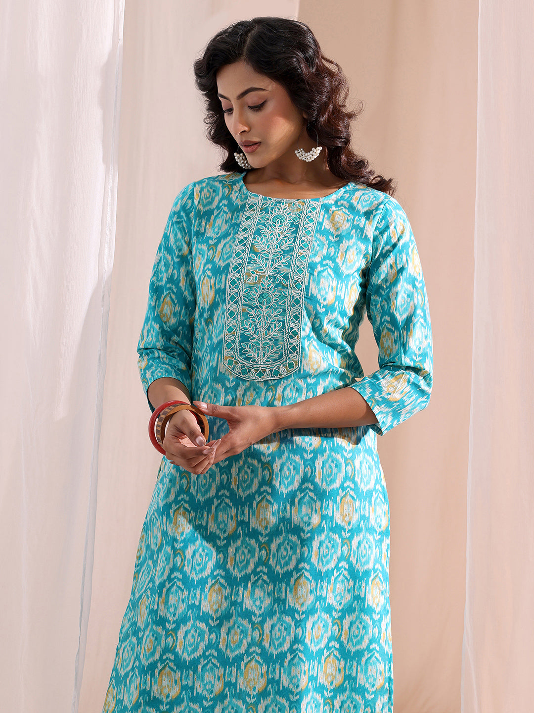  Blue Ethnic Printed Cotton Blend Straight Suit Set 