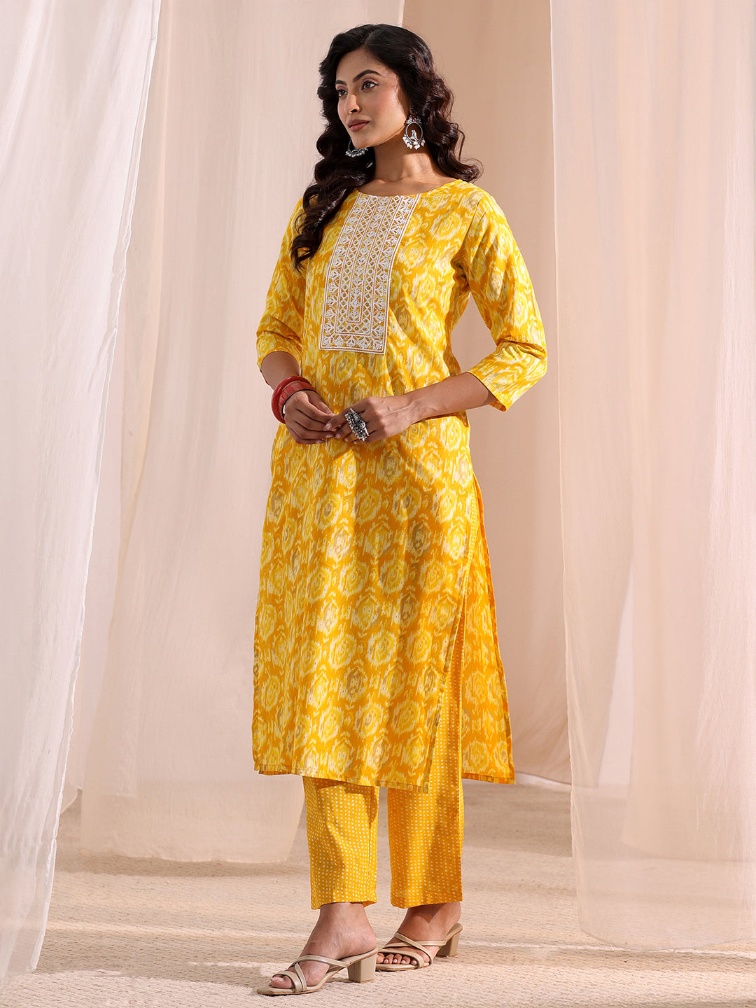  Yellow Ethnic Printed Cotton Blend Straight Suit Set 