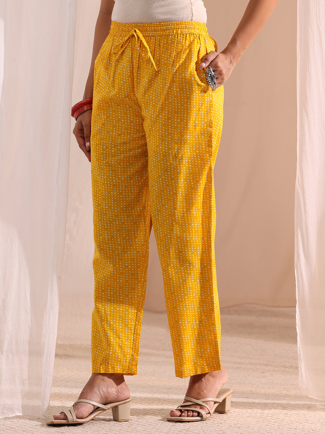  Yellow Ethnic Printed Cotton Blend Straight Suit Set 