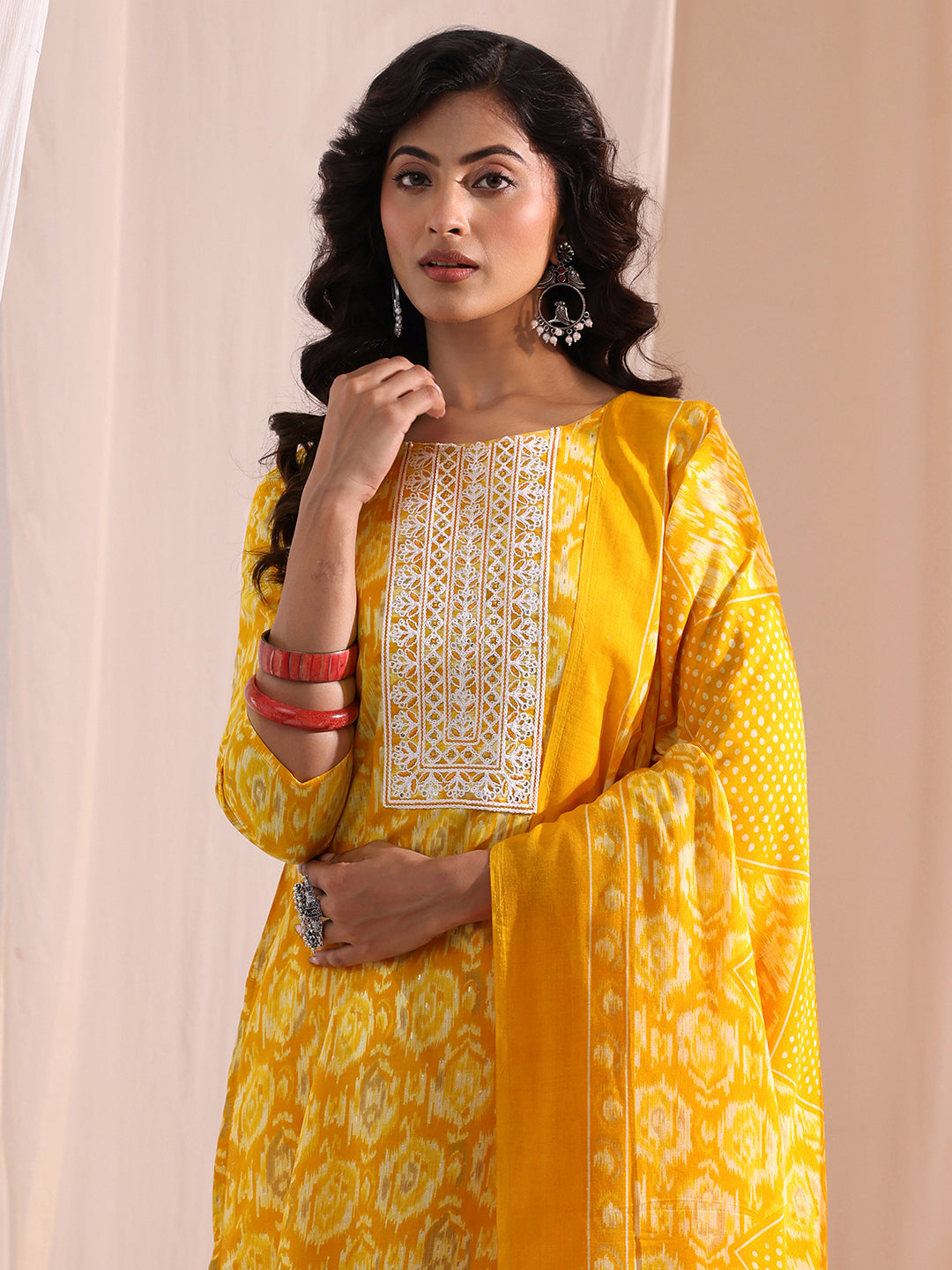  Yellow Ethnic Printed Cotton Blend Straight Suit Set 